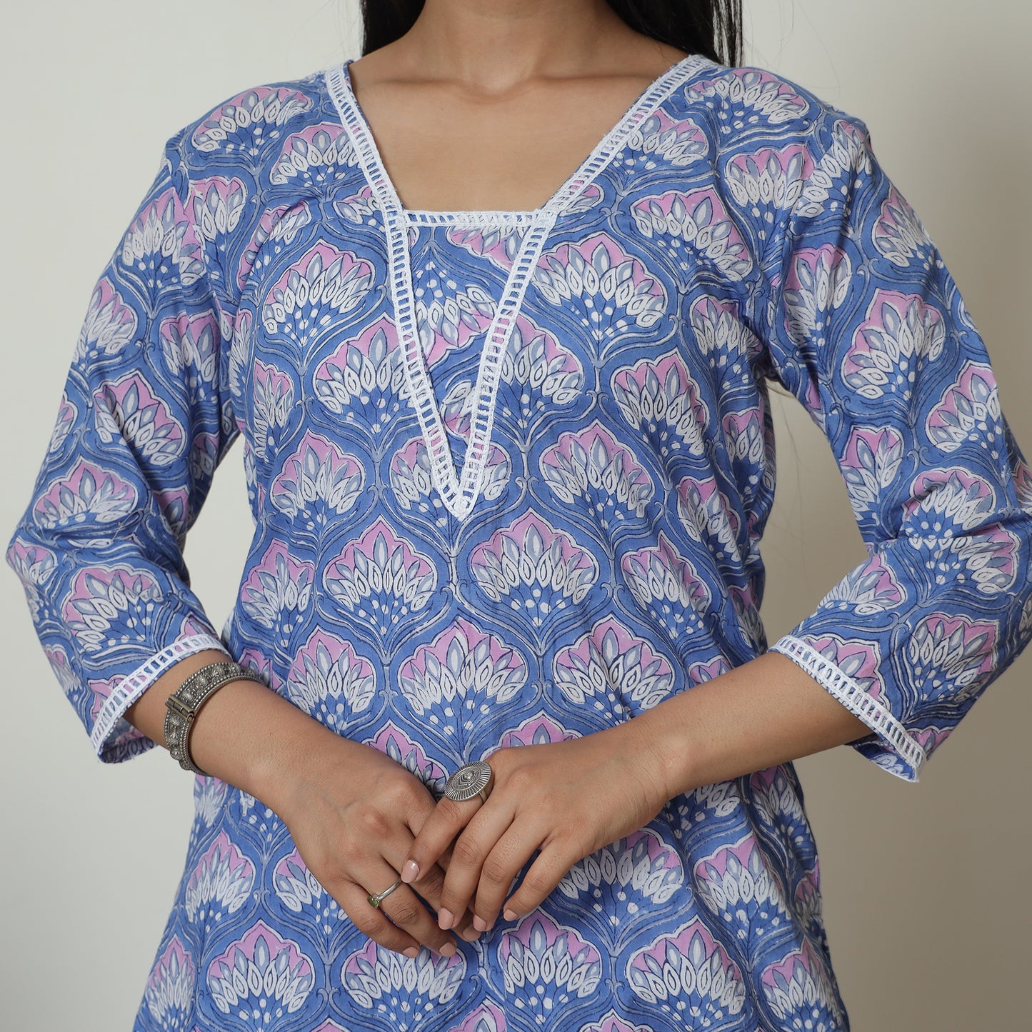 Blue - Sanganeri Block Printed Cotton Kurta with Palazzo Set 08
