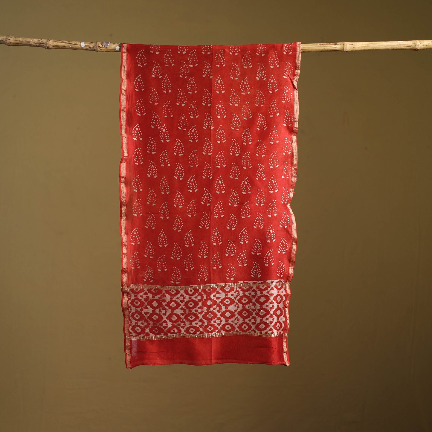 Red - Pipad Hand Block Print Natural Dyed Chanderi Silk Handloom Stole 43
