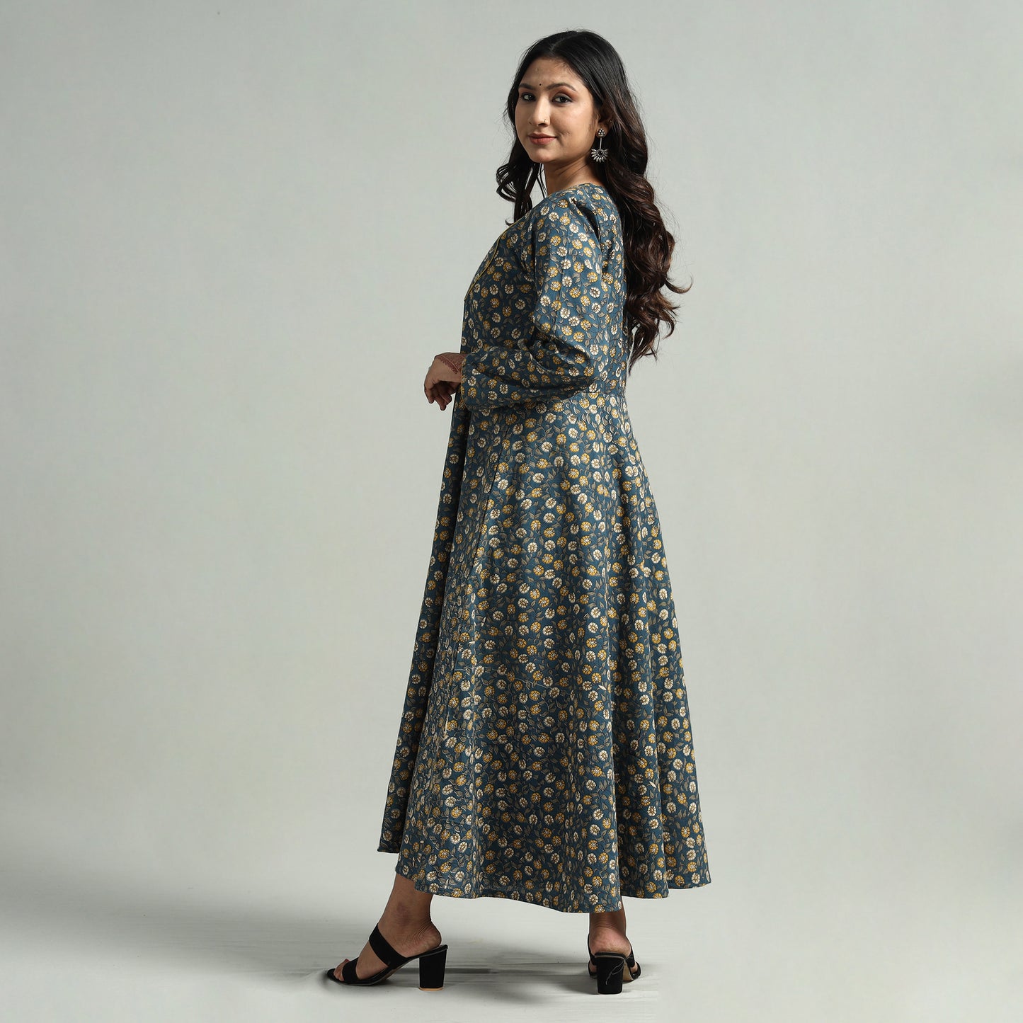 Blue - Kalamkari Printed Cotton A-Line Dress