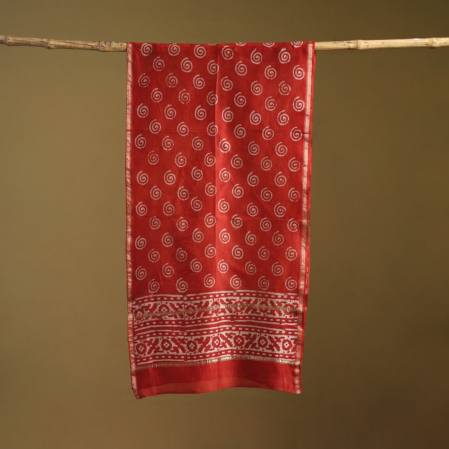 Red - Pipad Hand Block Print Natural Dyed Chanderi Silk Handloom Stole 45