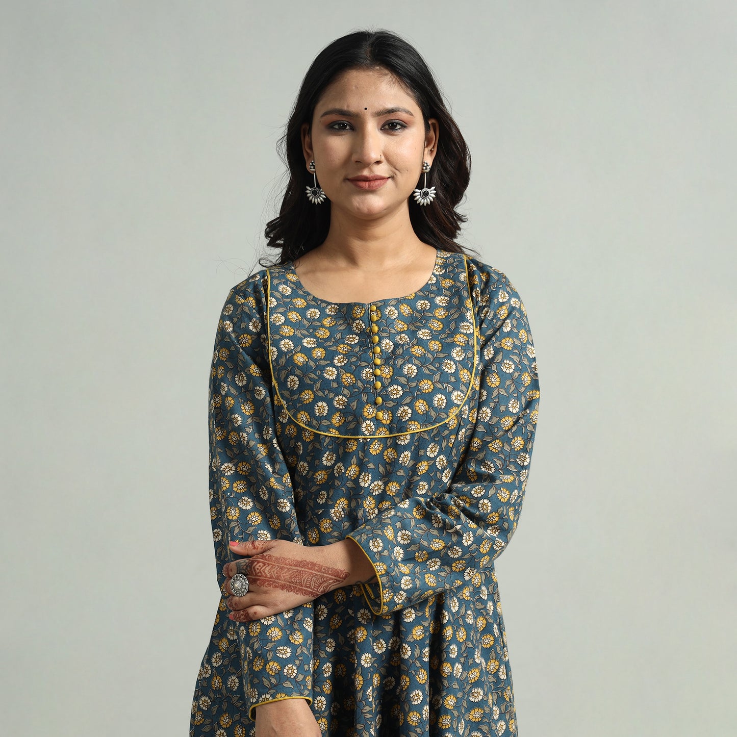 Blue - Kalamkari Printed Cotton A-Line Dress