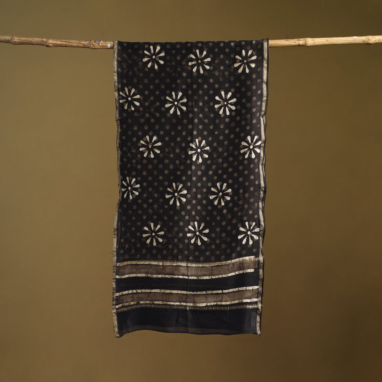 Black - Pipad Hand Block Print Natural Dyed Chanderi Silk Handloom Stole 48