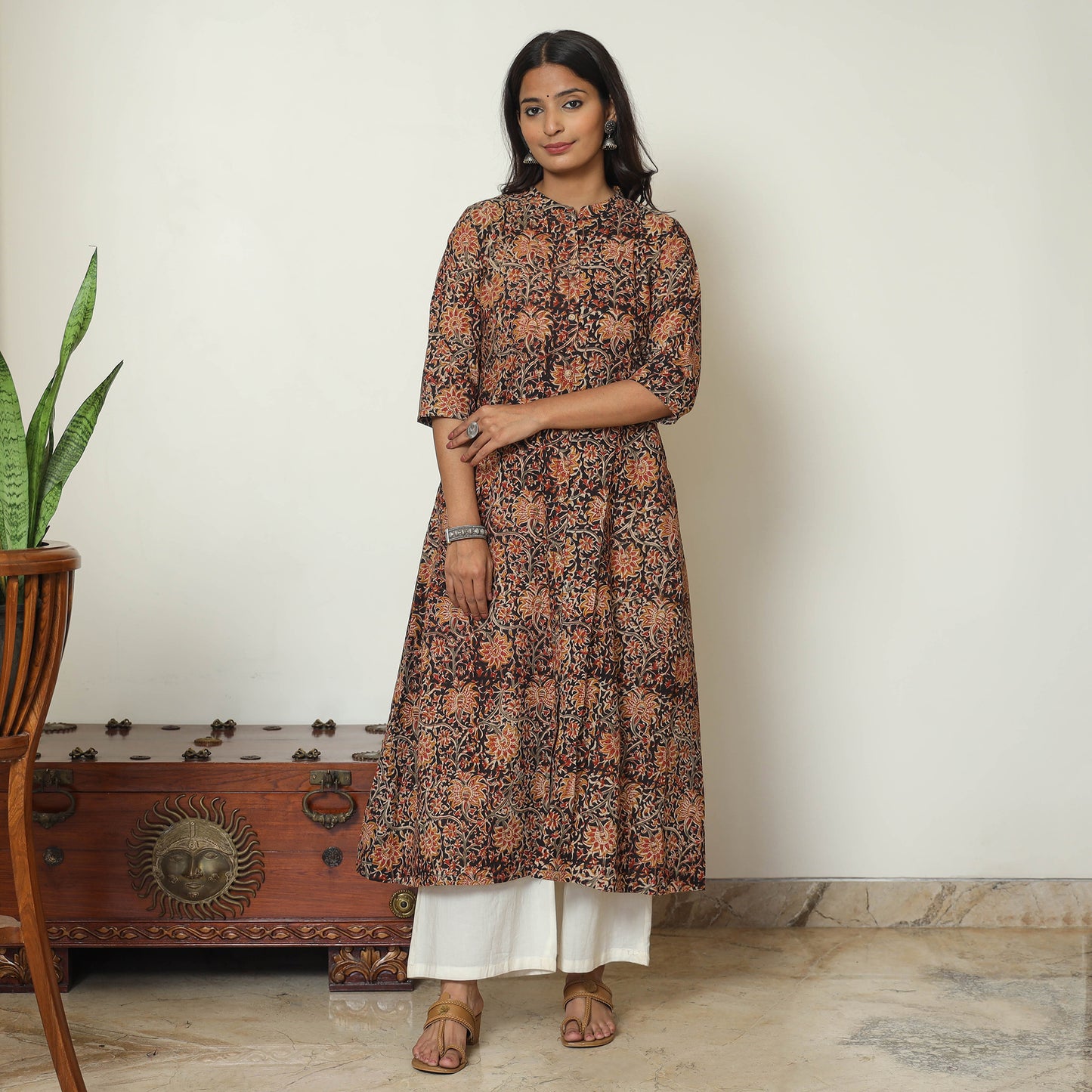Black Block Print Cotton A-Line Kalamkari Kurta for Women