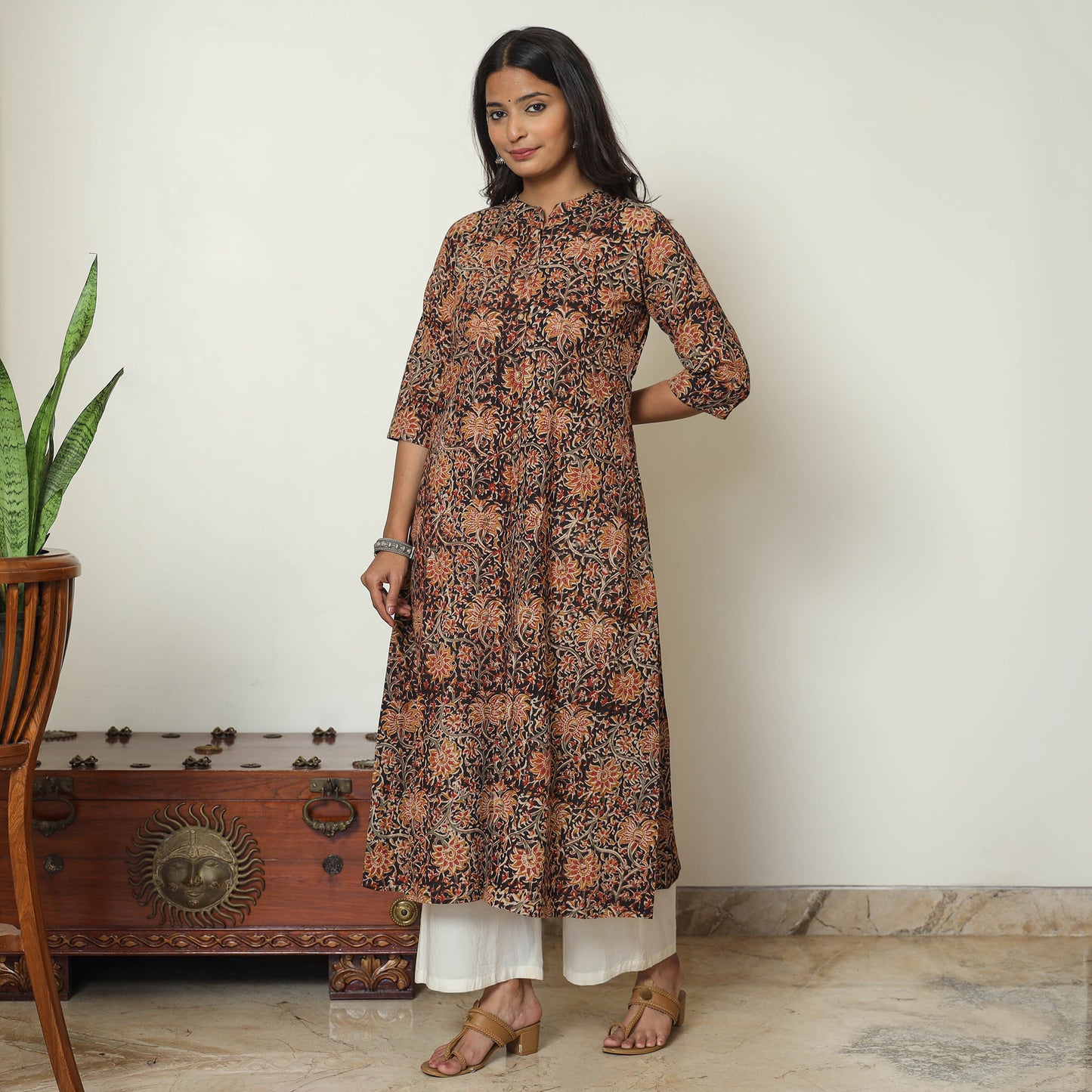 Black Block Print Cotton A-Line Kalamkari Kurta for Women