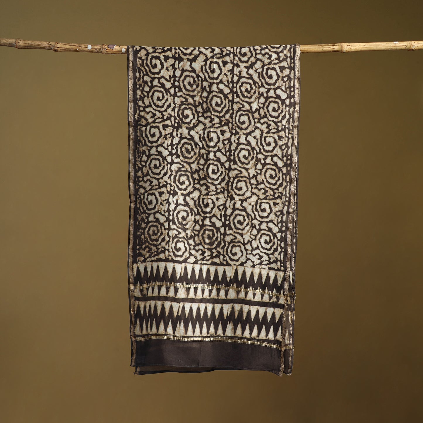 Brown - Pipad Hand Block Print Natural Dyed Chanderi Silk Handloom Stole 50