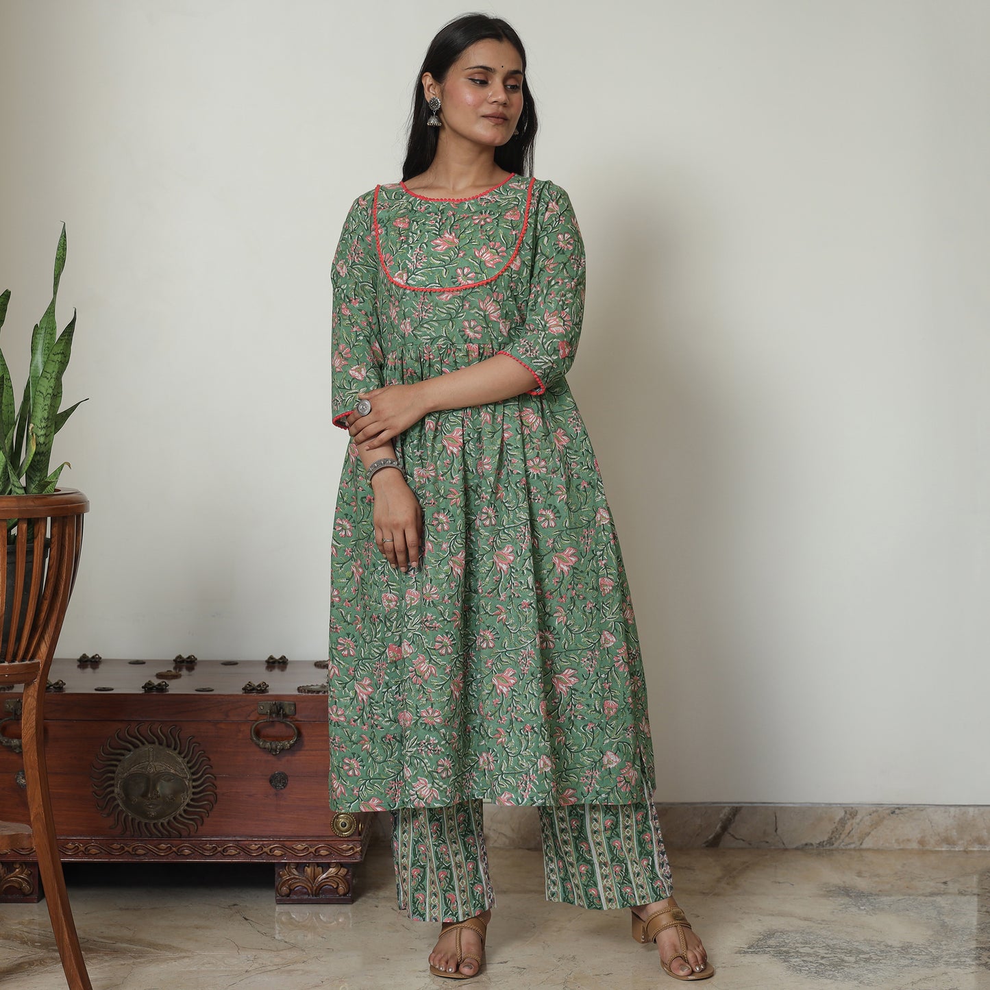 Green - Sanganeri Block Printed Cotton Kali Kurta with Palazzo Set 03