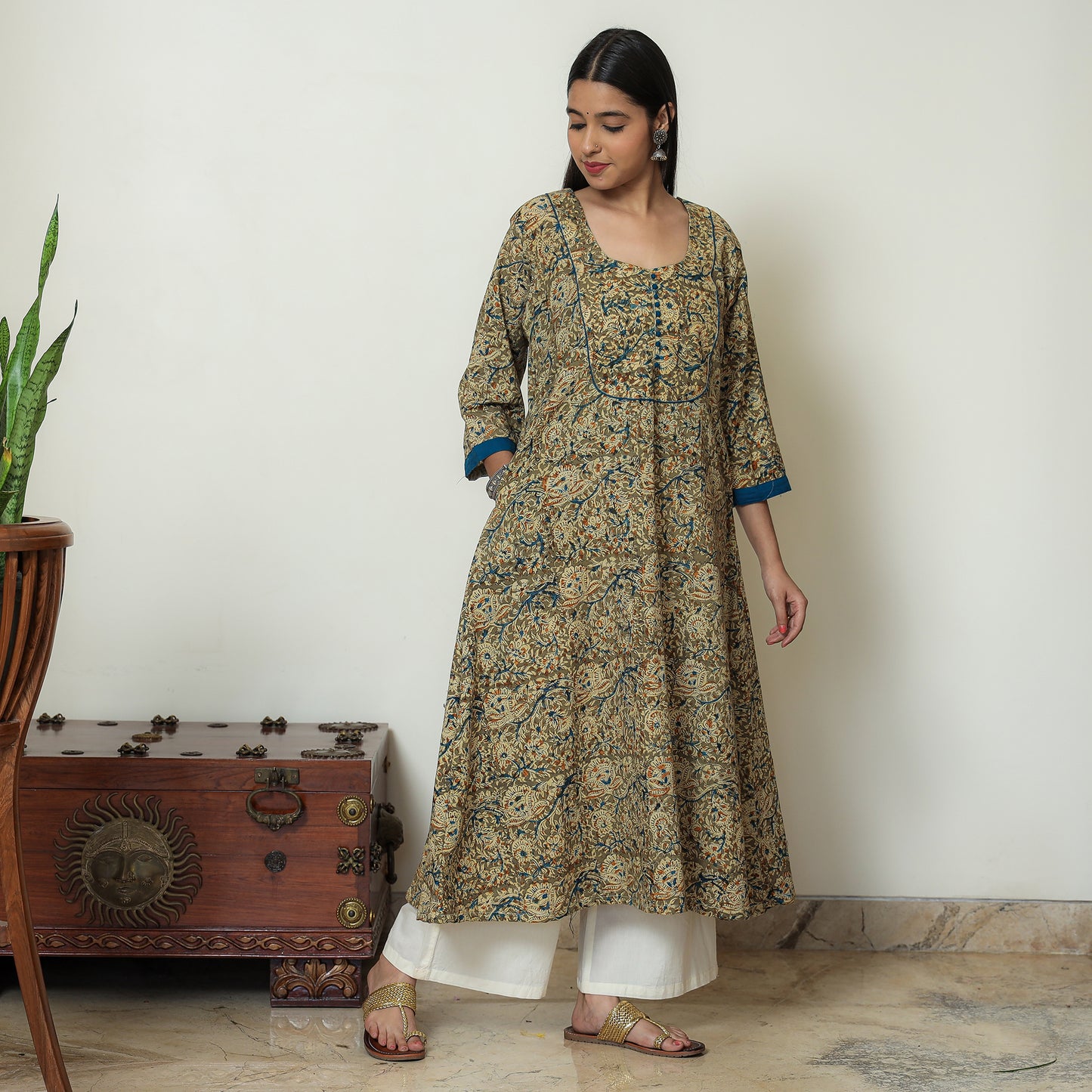 Buy Hand Block Print Cotton A-Line Kalamkari Kurta For Women