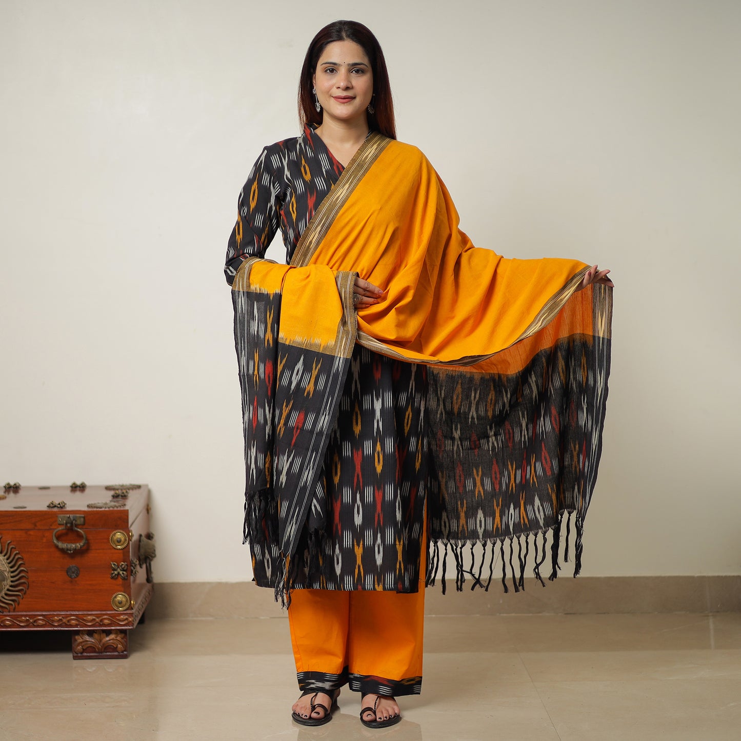 Black - Pochampally Ikat Weave Cotton Kurta with Palazzo & Dupatta Set 09