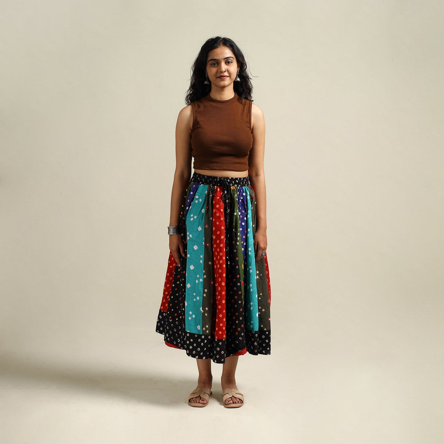 Multicolor - Bandhani Tie-Dye Patchwork Cotton Short Skirt 60