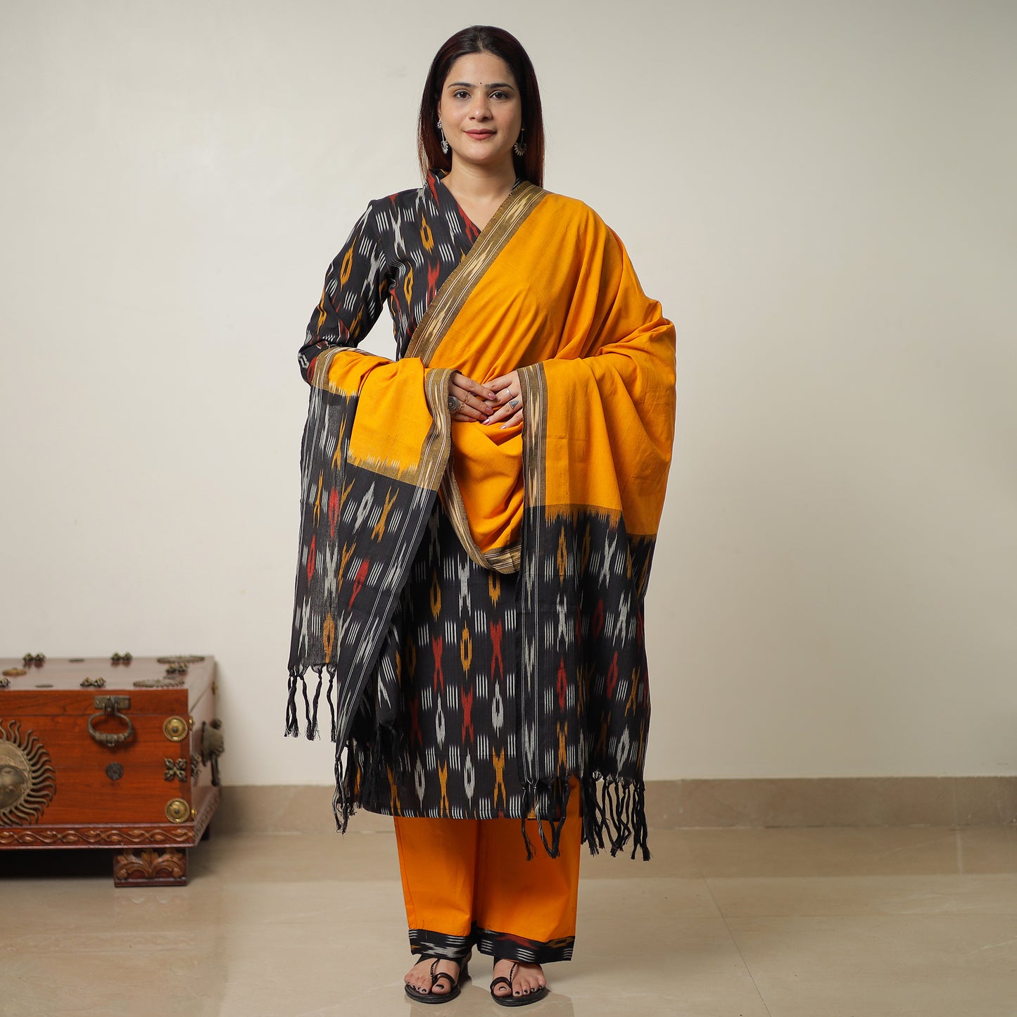 Black - Pochampally Ikat Weave Cotton Kurta with Palazzo & Dupatta Set 09