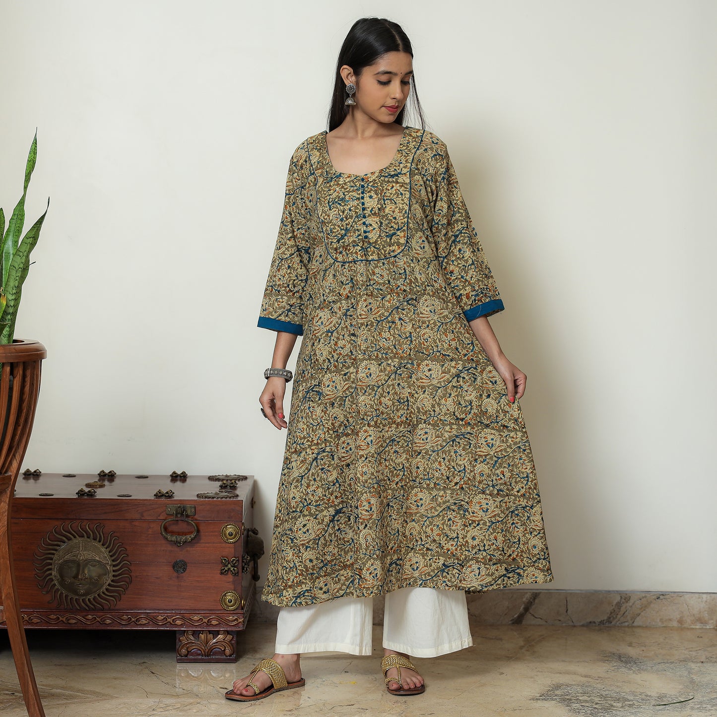 Buy Hand Block Print Cotton A-Line Kalamkari Kurta For Women