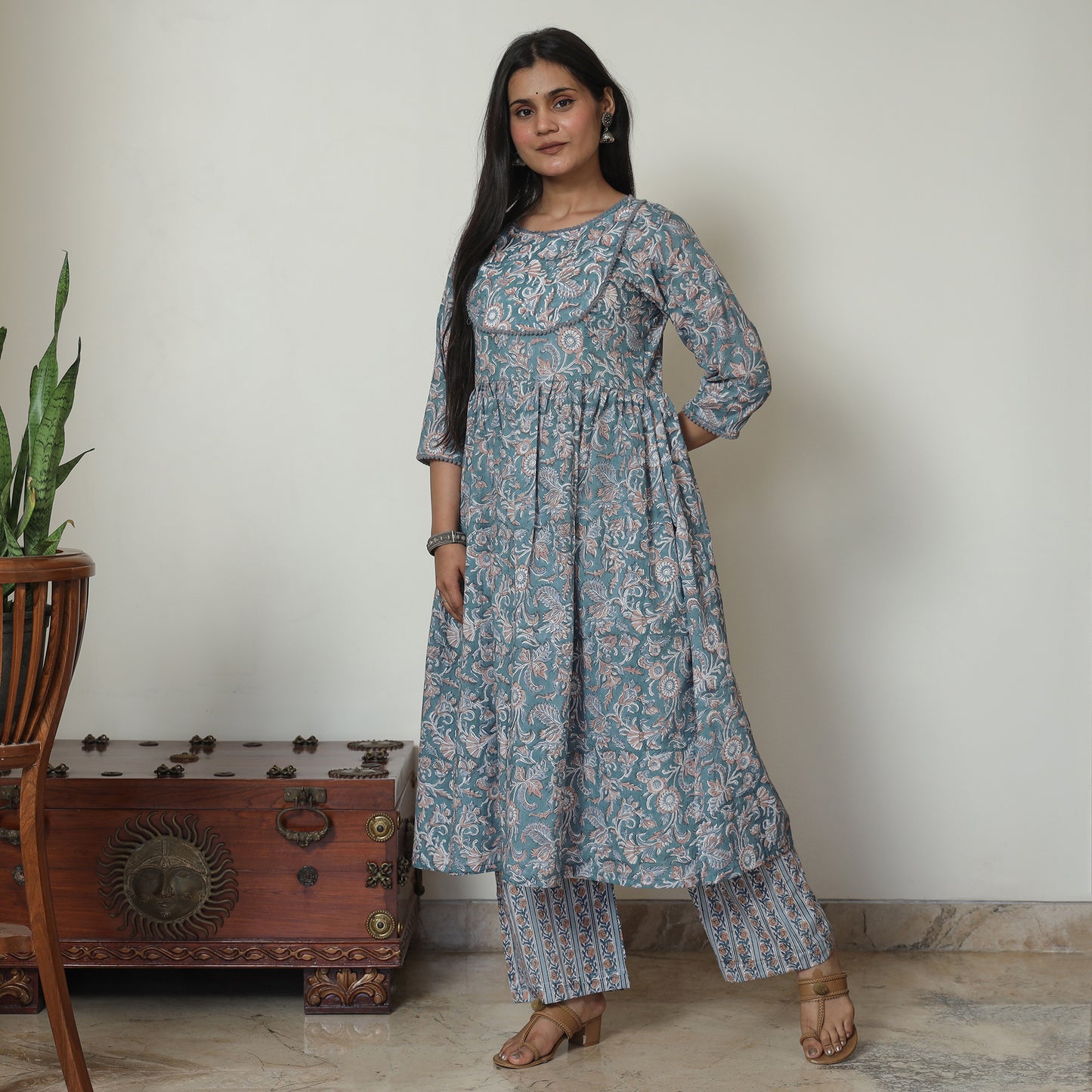 Blue - Sanganeri Block Printed Cotton Kali Kurta with Palazzo Set 01