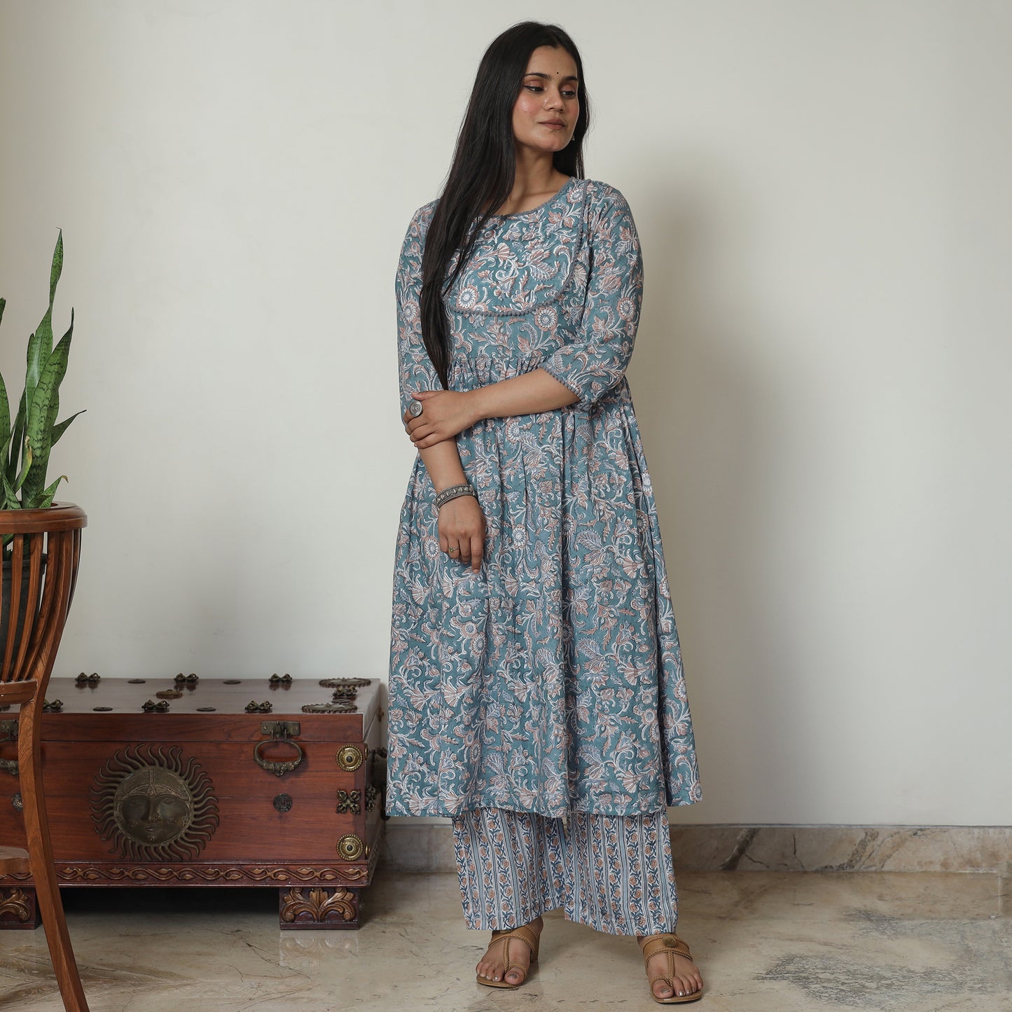 Blue - Sanganeri Block Printed Cotton Kali Kurta with Palazzo Set 01