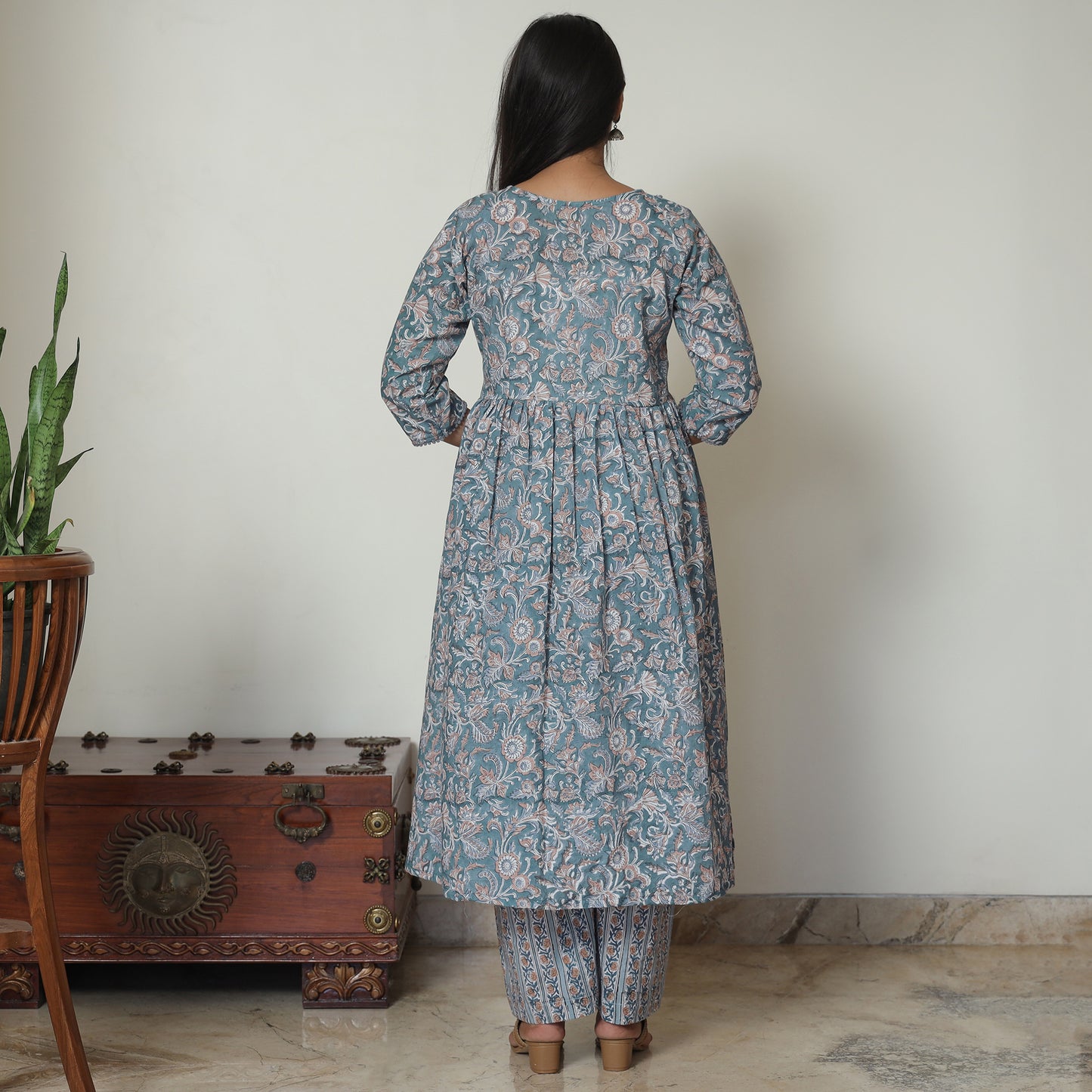 Blue - Sanganeri Block Printed Cotton Kali Kurta with Palazzo Set 01