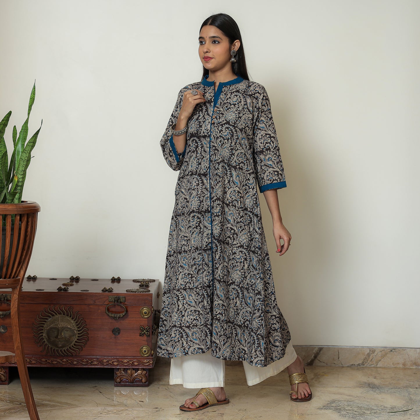 Black Block Print Cotton A-Line Kalamkari Kurta for Women