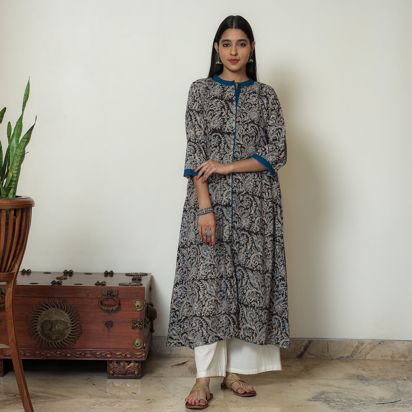 Black Block Print Cotton A-Line Kalamkari Kurta for Women