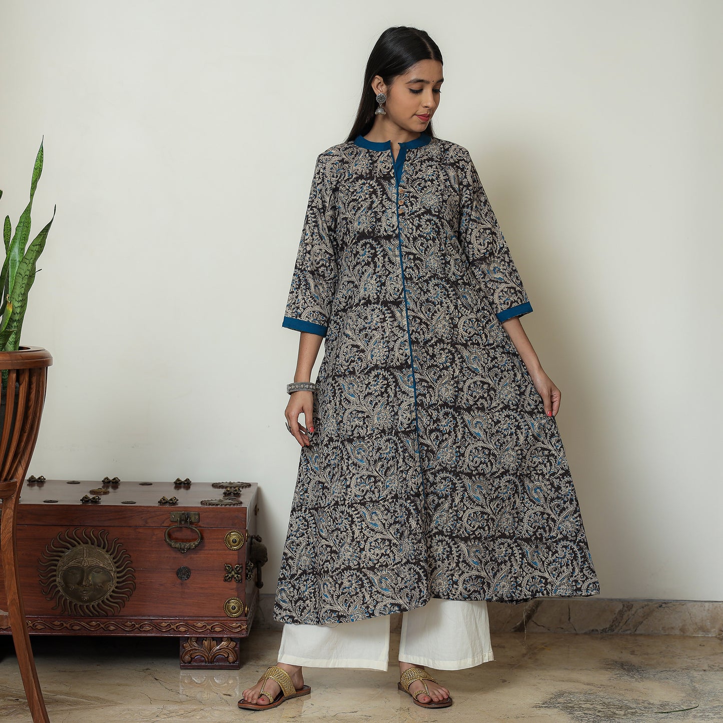 Black Block Print Cotton A-Line Kalamkari Kurta for Women
