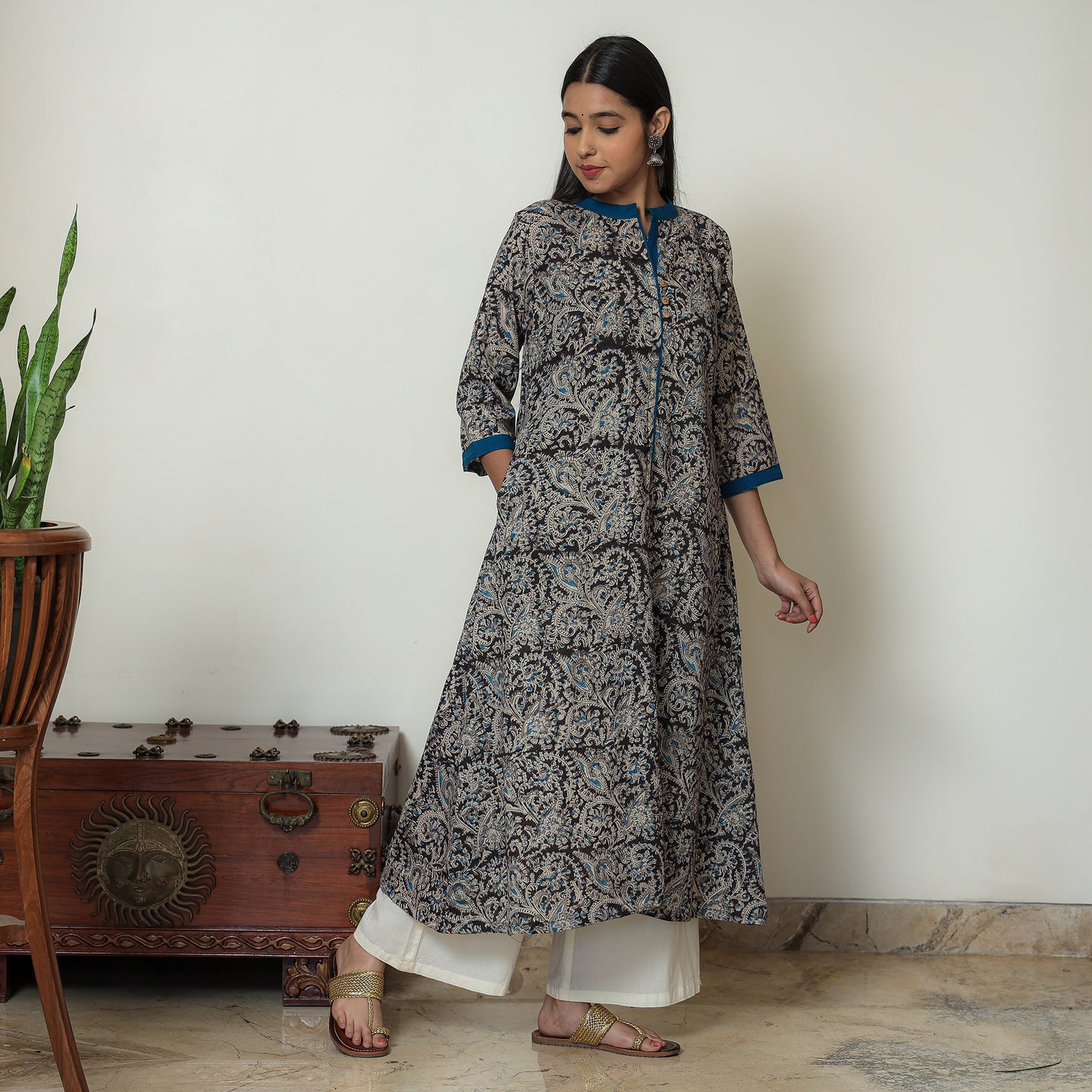 Black Block Print Cotton A-Line Kalamkari Kurta for Women