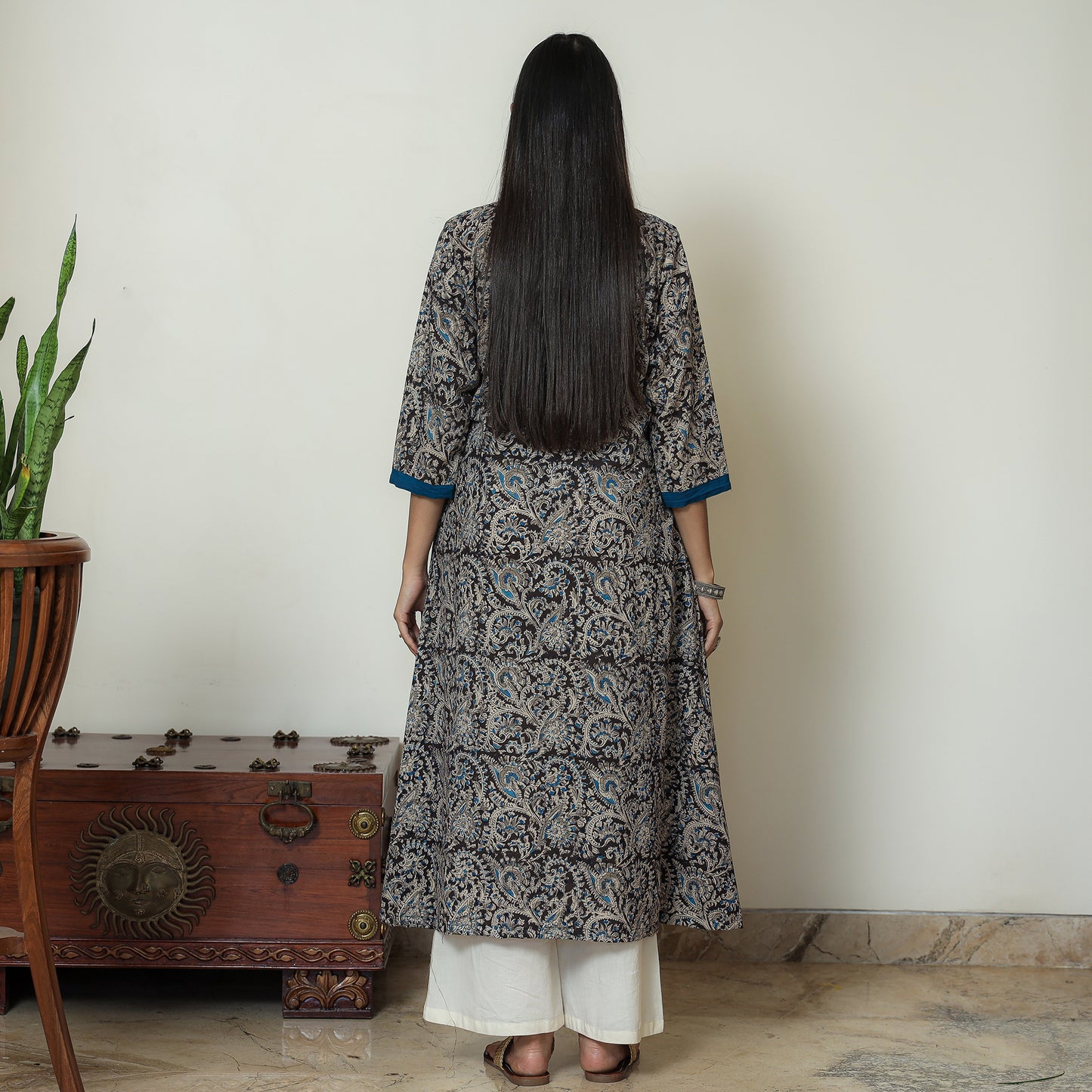 Black Block Print Cotton A-Line Kalamkari Kurta for Women