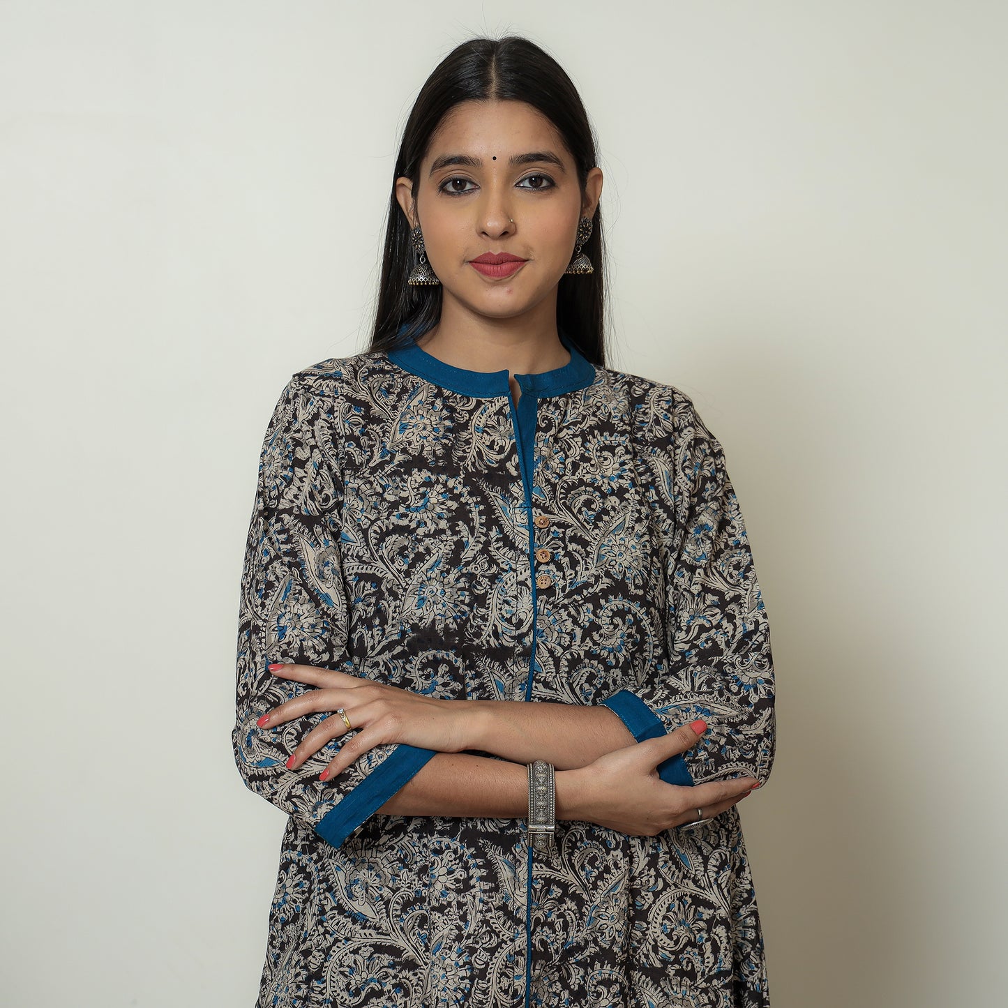 Black Block Print Cotton A-Line Kalamkari Kurta for Women