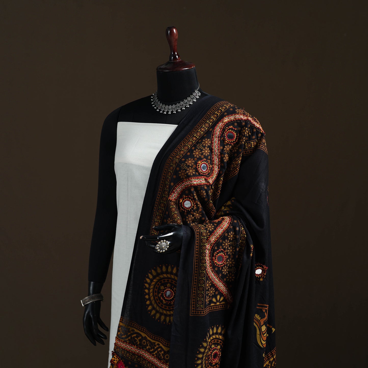 Kutch Hand Embroidered Mirror Work Printed Cotton Dupatta 04