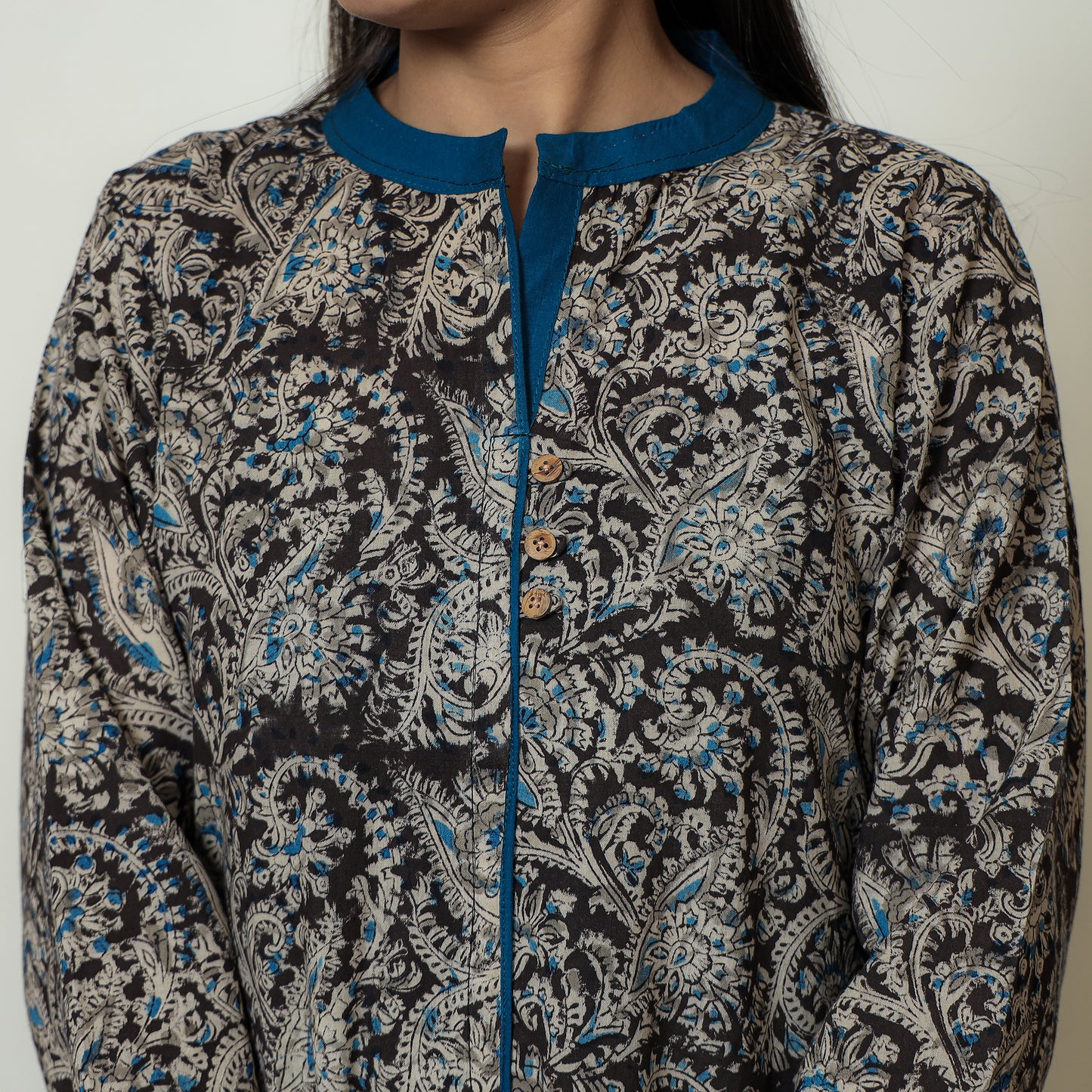 Black Block Print Cotton A-Line Kalamkari Kurta for Women