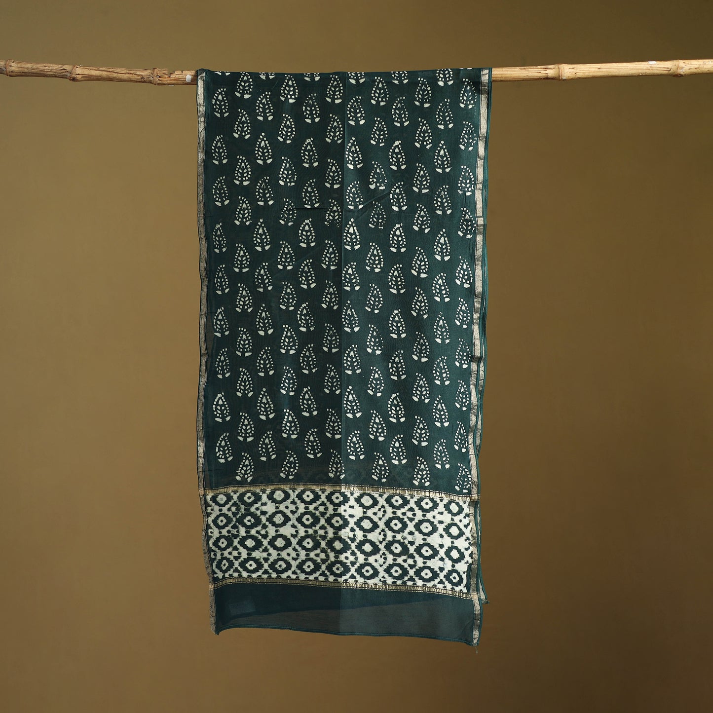 Green - Pipad Hand Block Print Natural Dyed Chanderi Silk Handloom Stole 72