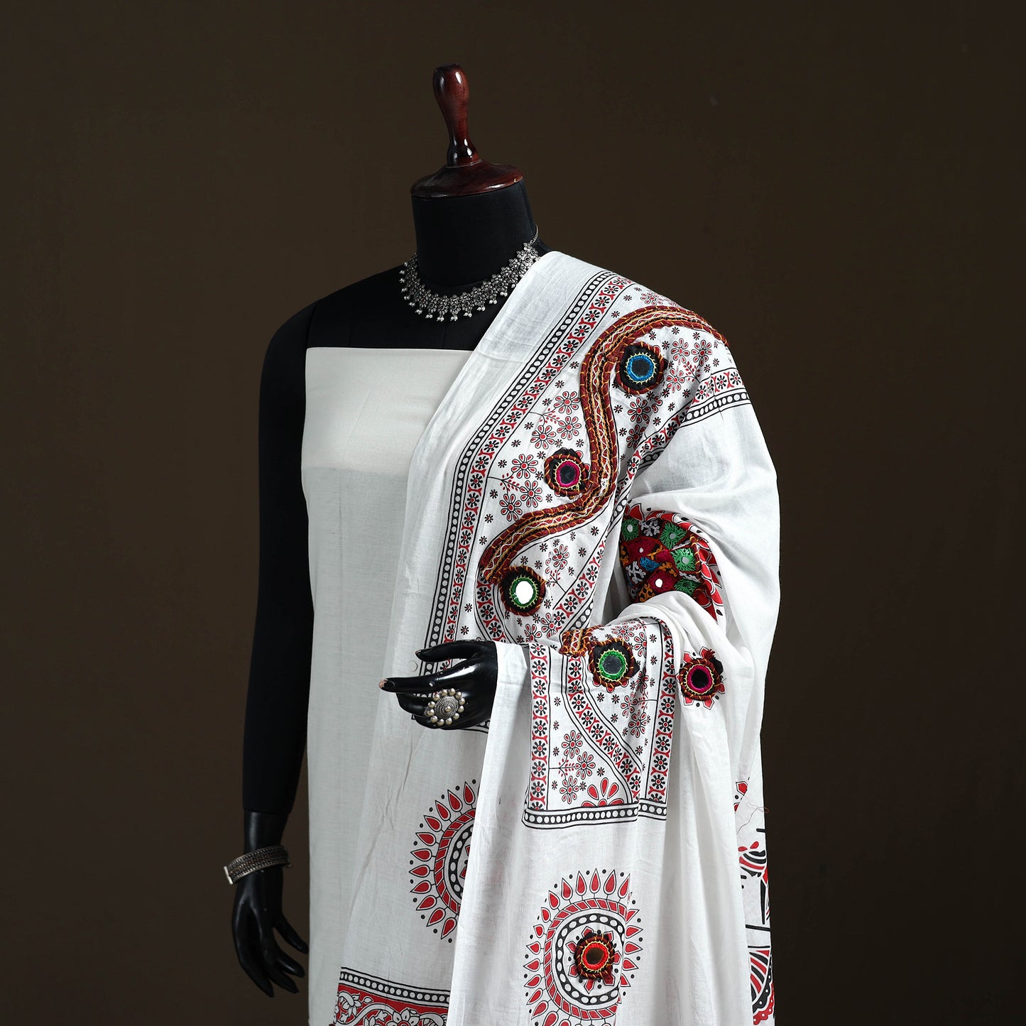 Kutch Hand Embroidered Mirror Work Printed Cotton Dupatta 03