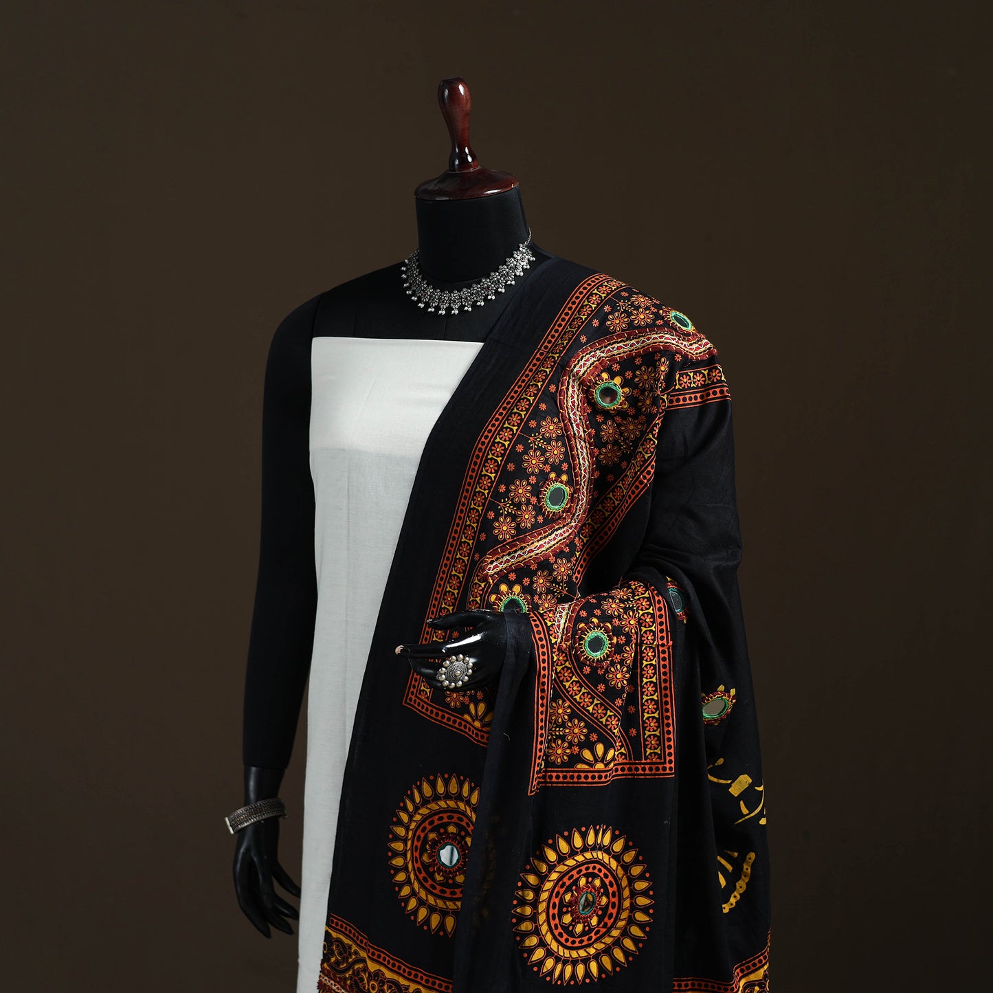 Kutch Hand Embroidered Mirror Work Printed Cotton Dupatta 05