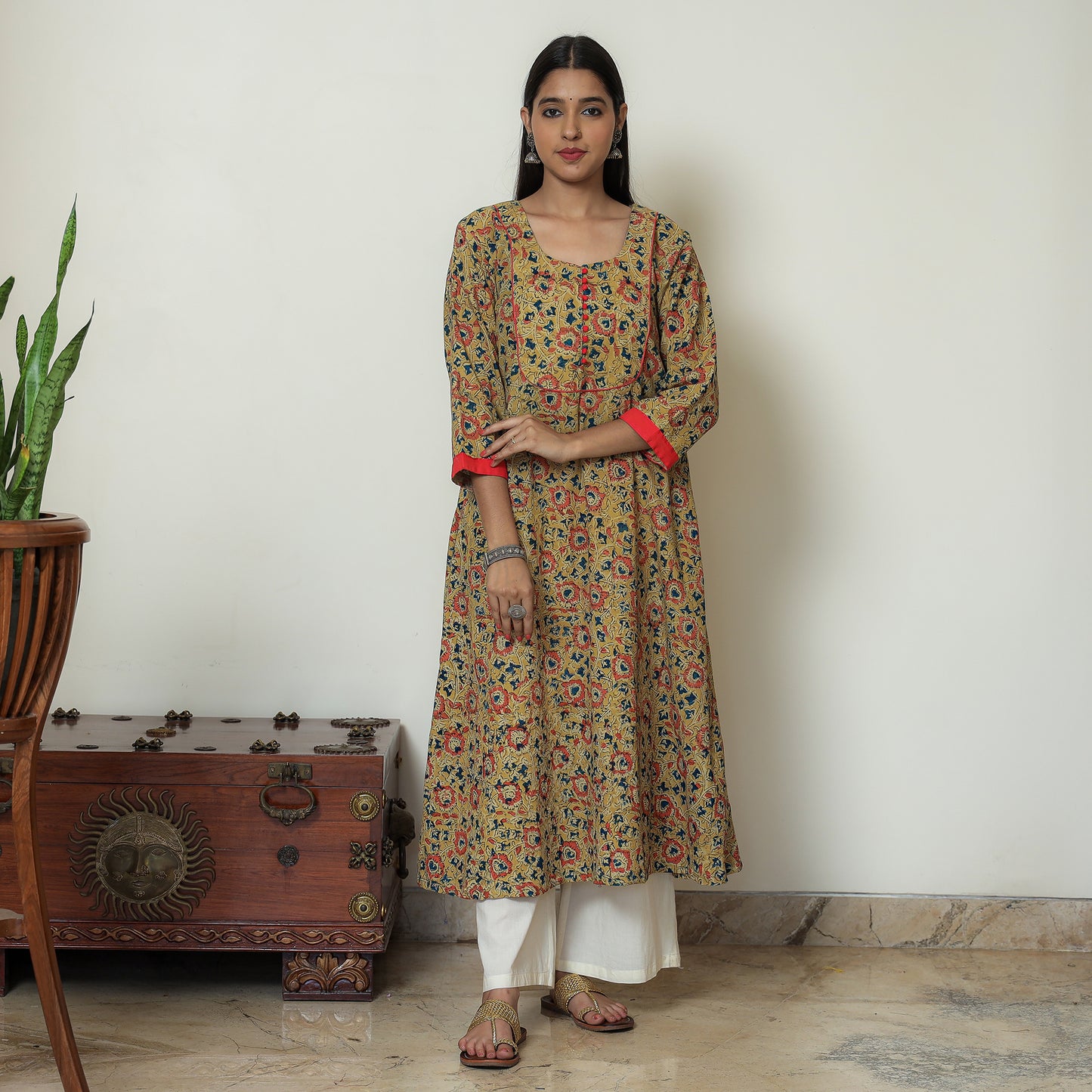 Buy Hand Block Print Cotton A-Line Kalamkari Kurta For Women