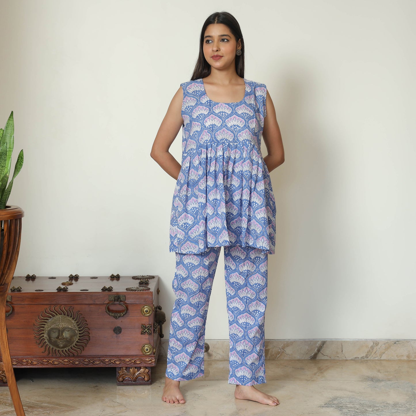 Blue - Sanganeri Block Printed Cotton Night Suit Set 23