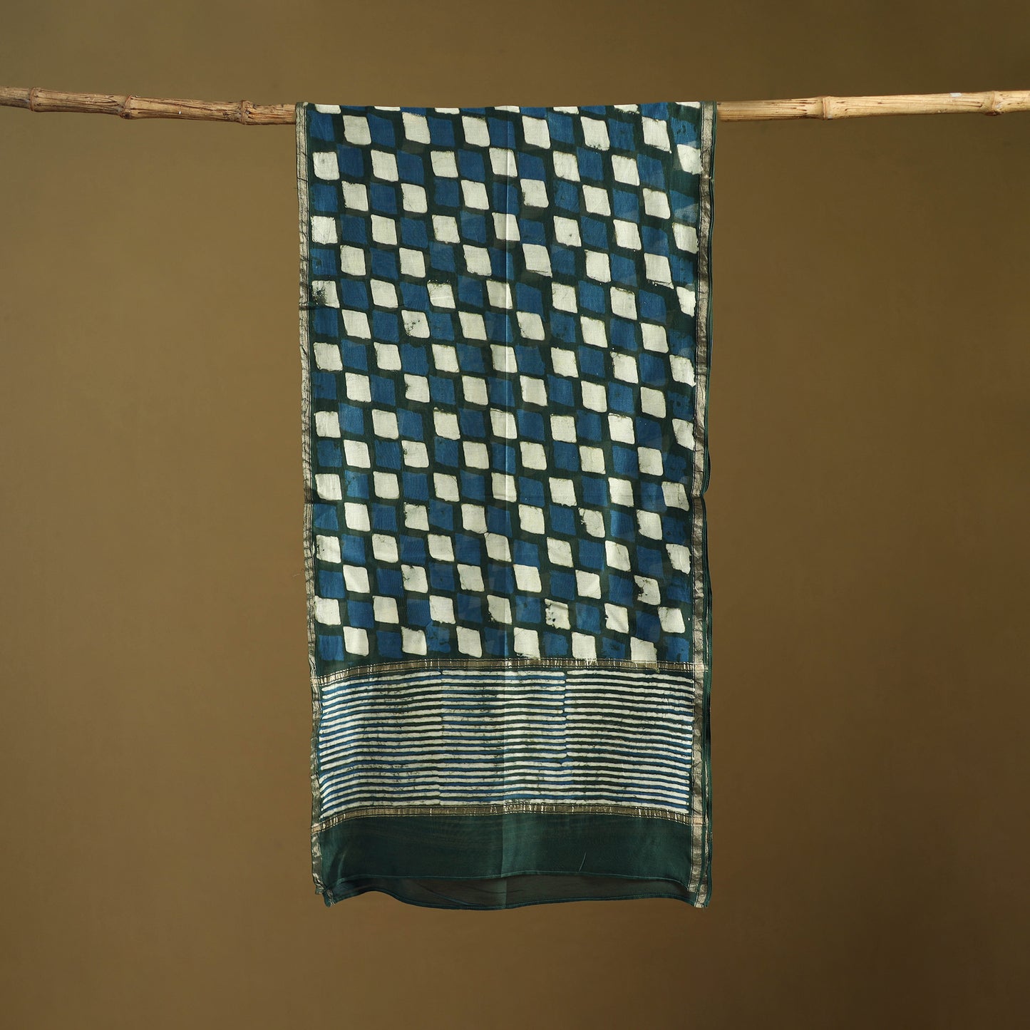 Green - Pipad Hand Block Print Natural Dyed Chanderi Silk Handloom Stole 78