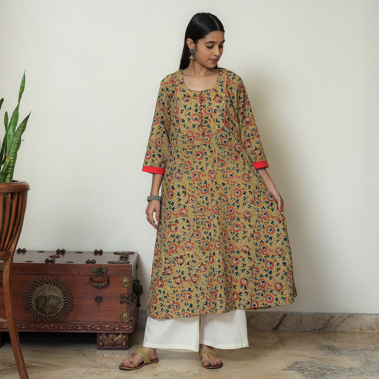 Buy Hand Block Print Cotton A-Line Kalamkari Kurta For Women