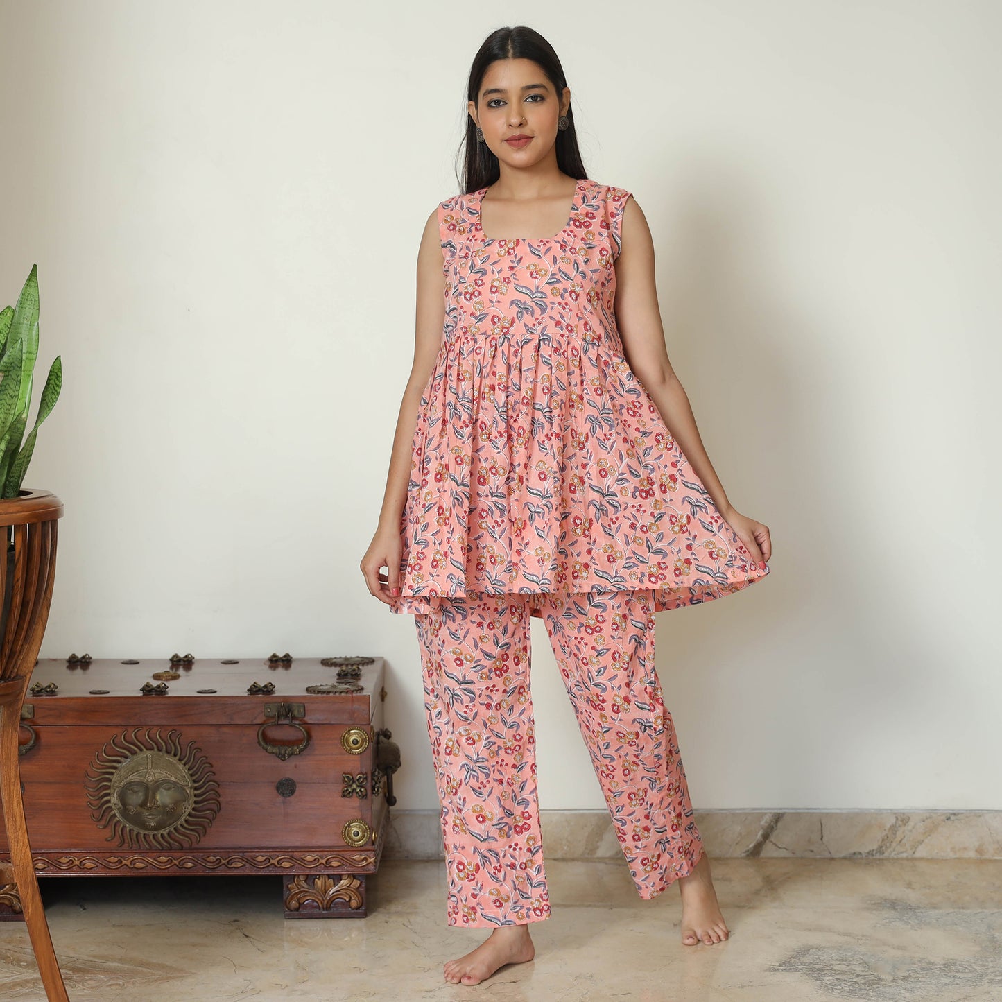 Peach - Sanganeri Block Printed Cotton Night Suit Set 24