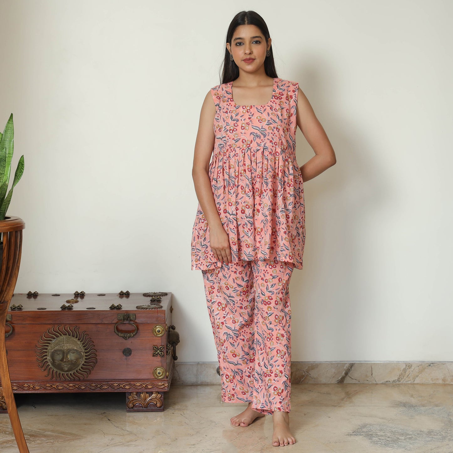 Peach - Sanganeri Block Printed Cotton Night Suit Set 24
