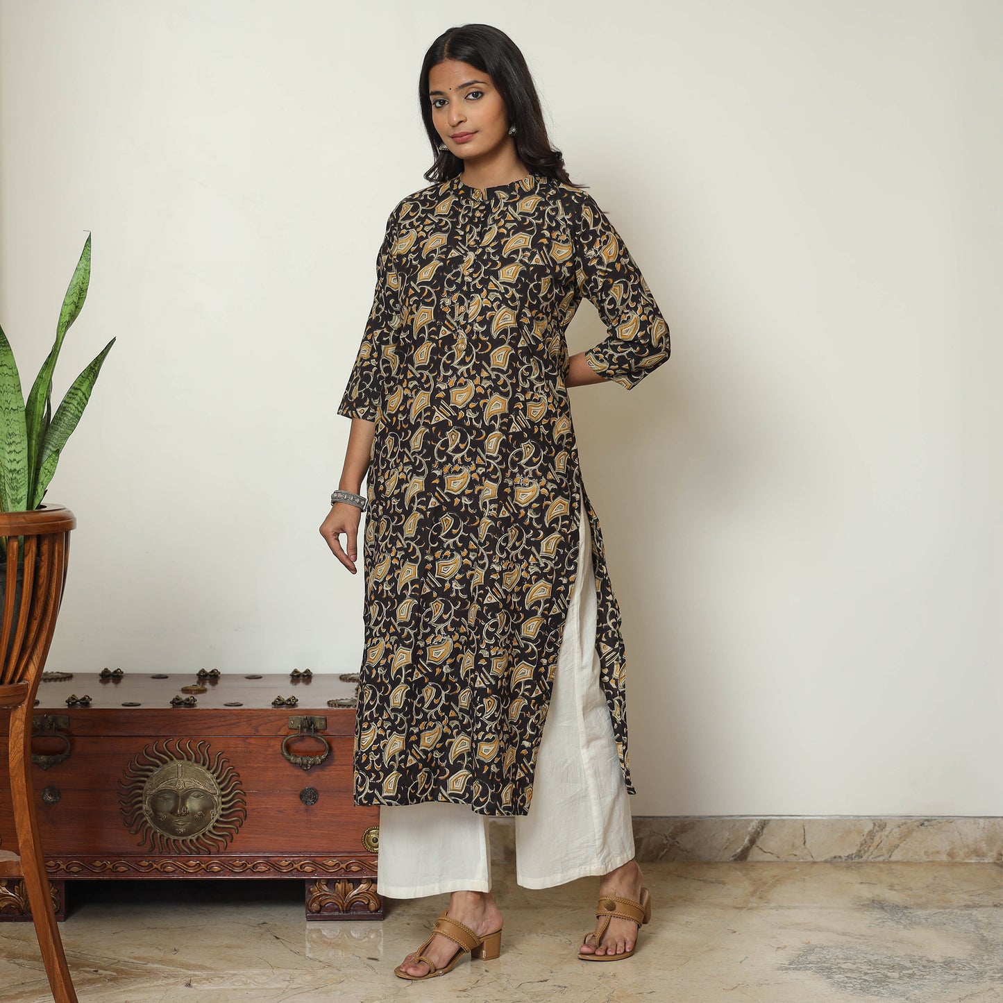 Black Block Print Cotton Straight Kalamkari Kurta
