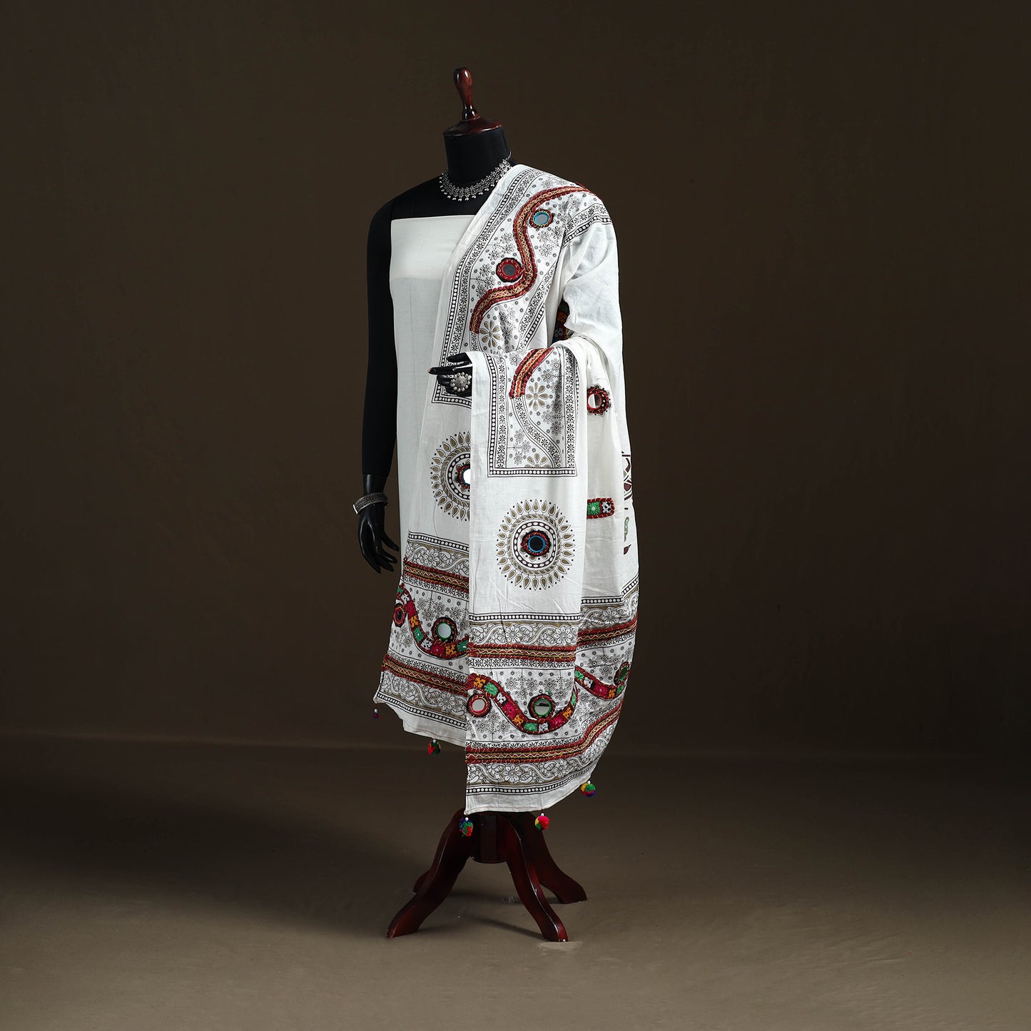 Kutch Hand Embroidered Mirror Work Printed Cotton Dupatta 07