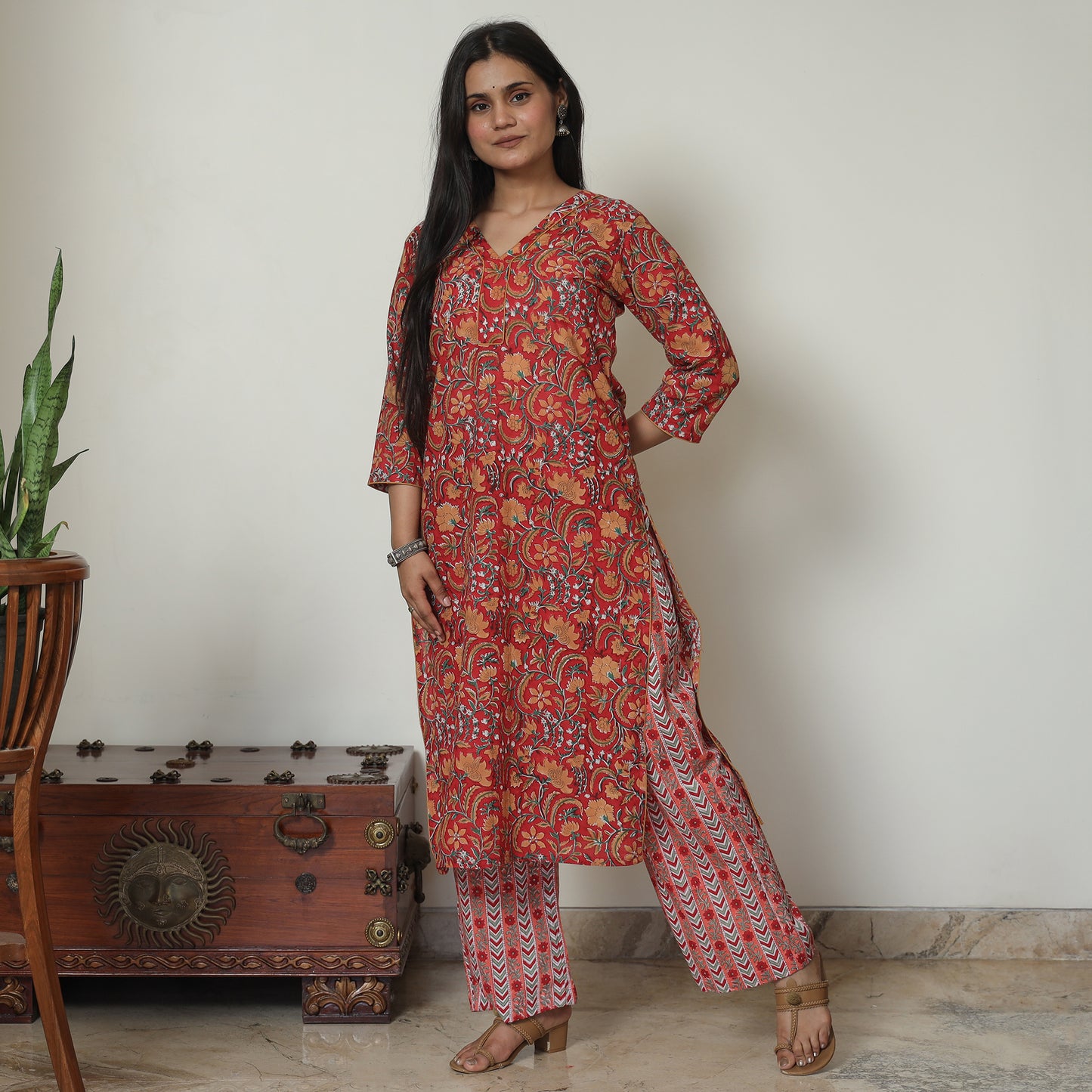 Red - Sanganeri Block Printed Cotton Kurta with Palazzo Set 13
