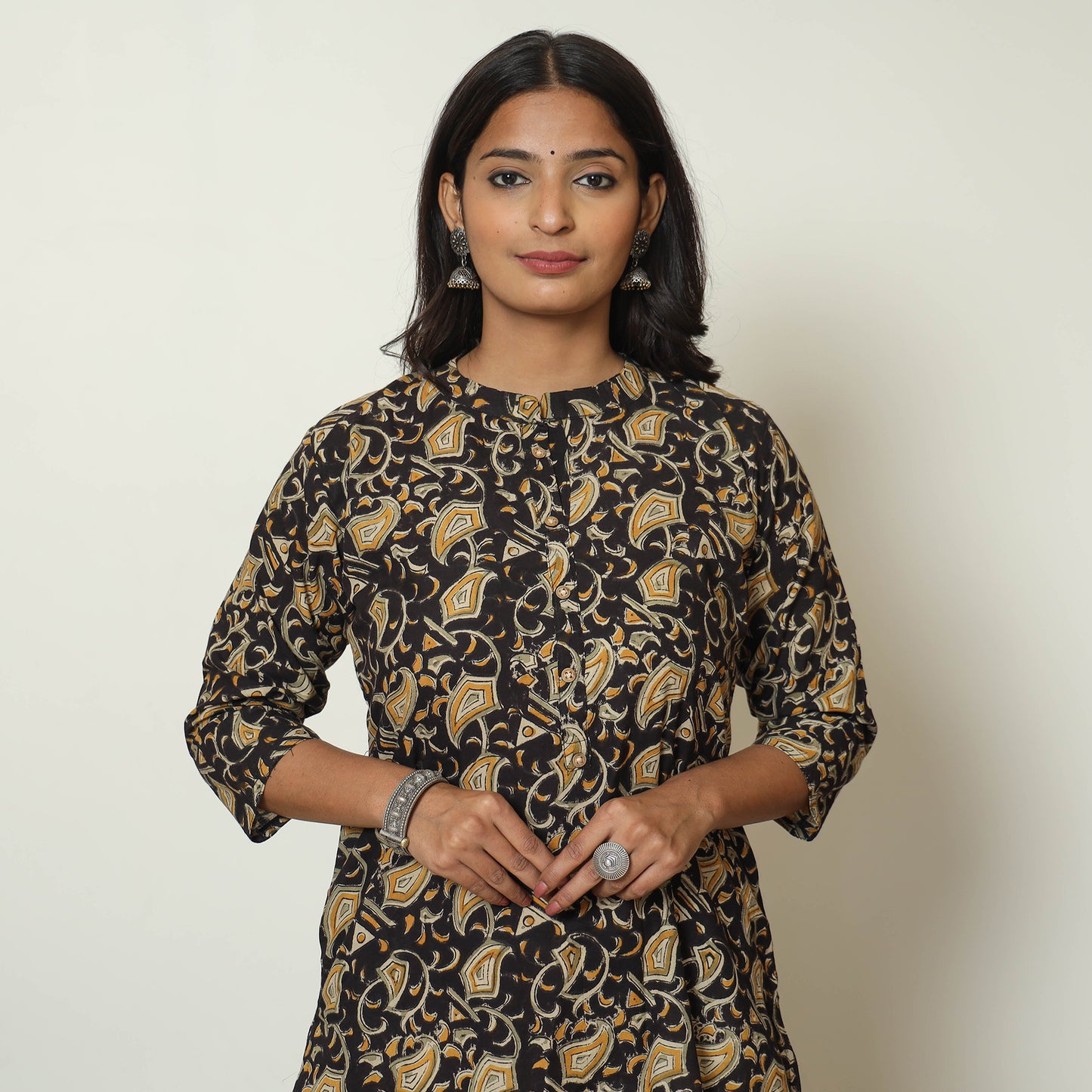 Black Block Print Cotton Straight Kalamkari Kurta