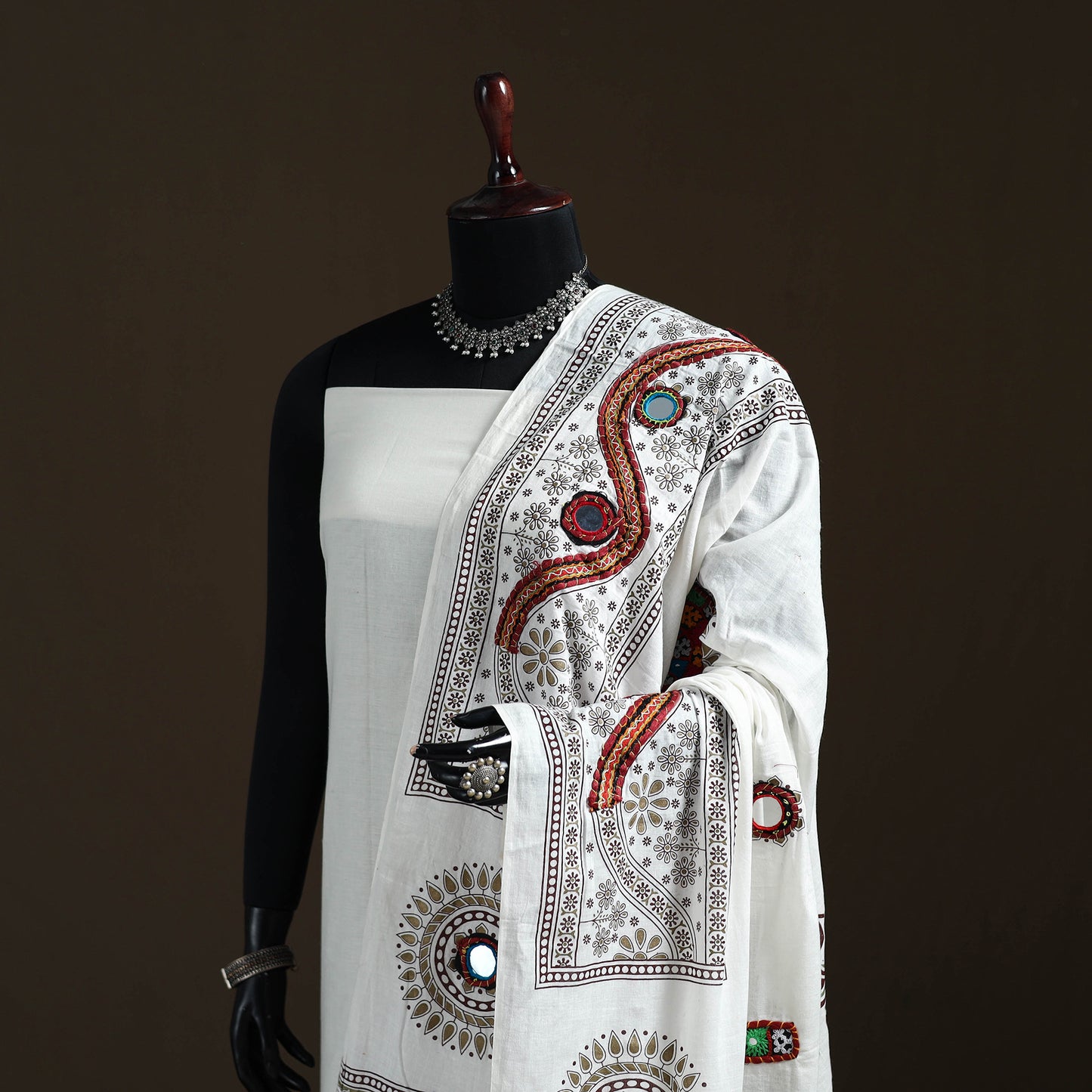 Kutch Hand Embroidered Mirror Work Printed Cotton Dupatta 07