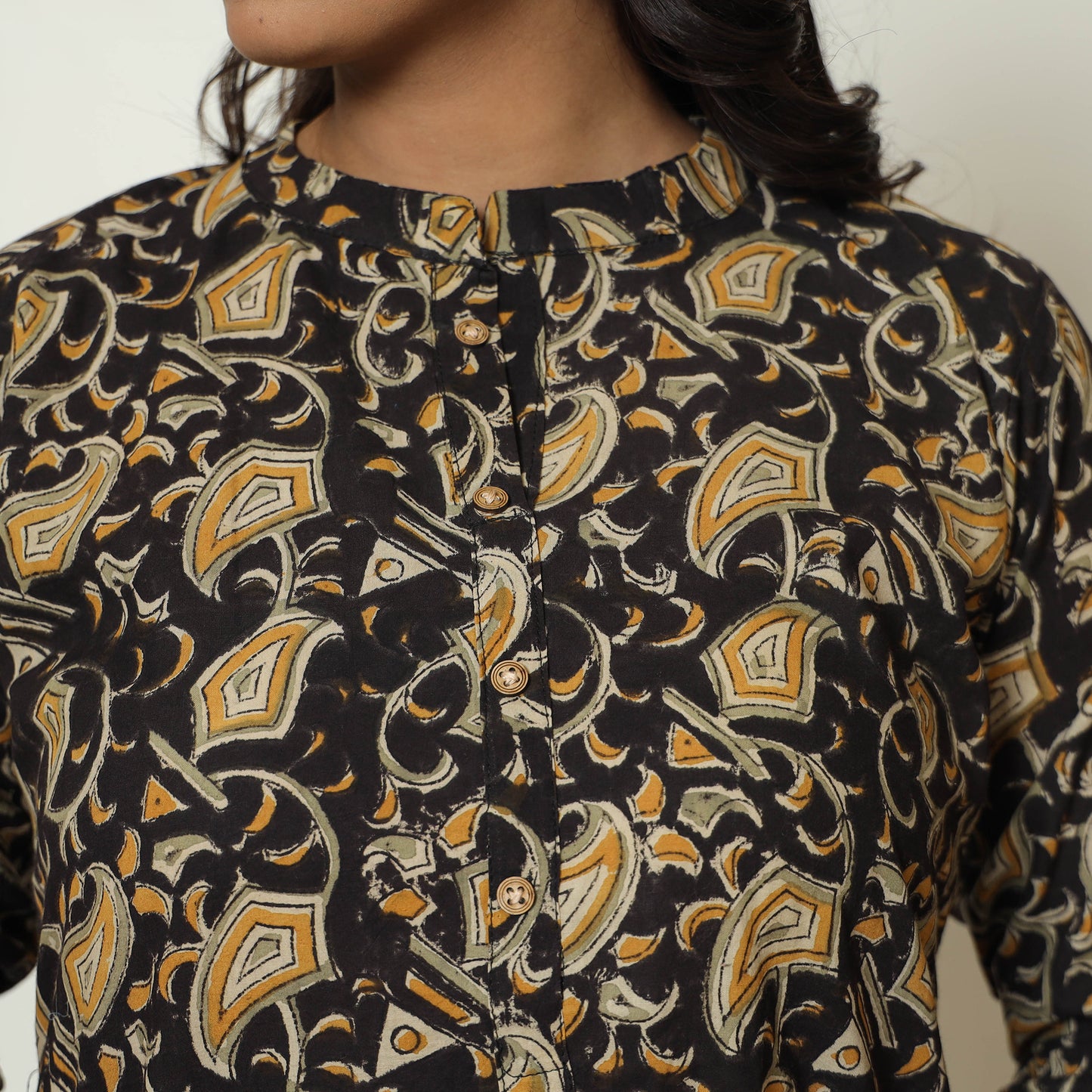 Black Block Print Cotton Straight Kalamkari Kurta