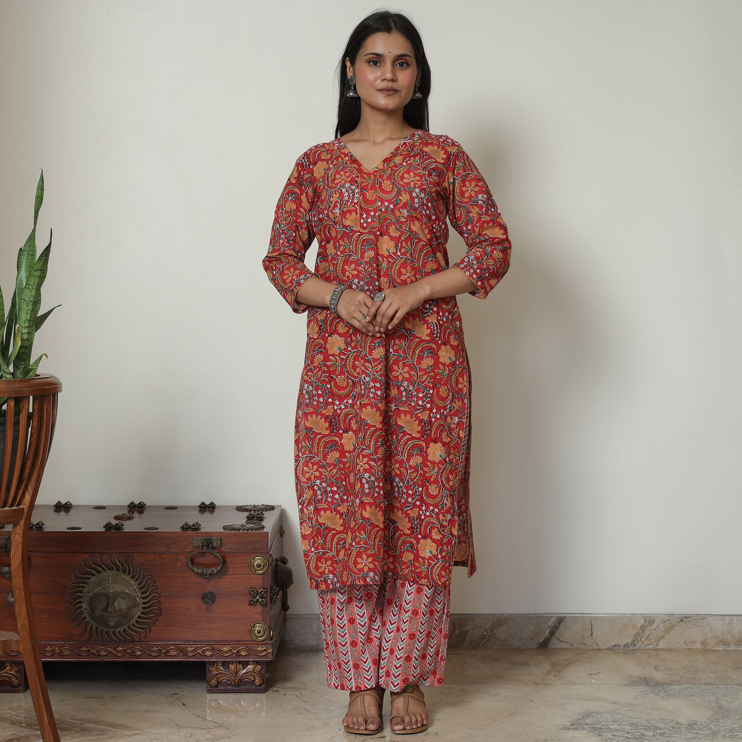 Red - Sanganeri Block Printed Cotton Kurta with Palazzo Set 13