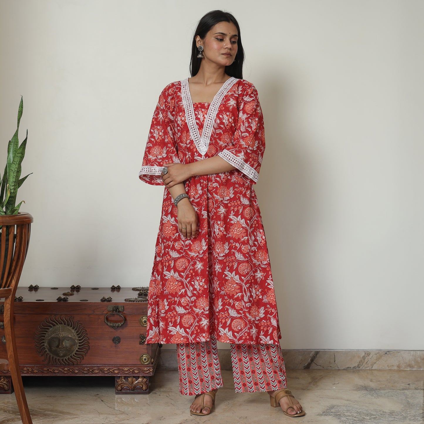 Red - Sanganeri Block Printed Cotton Kurta with Palazzo Set 12