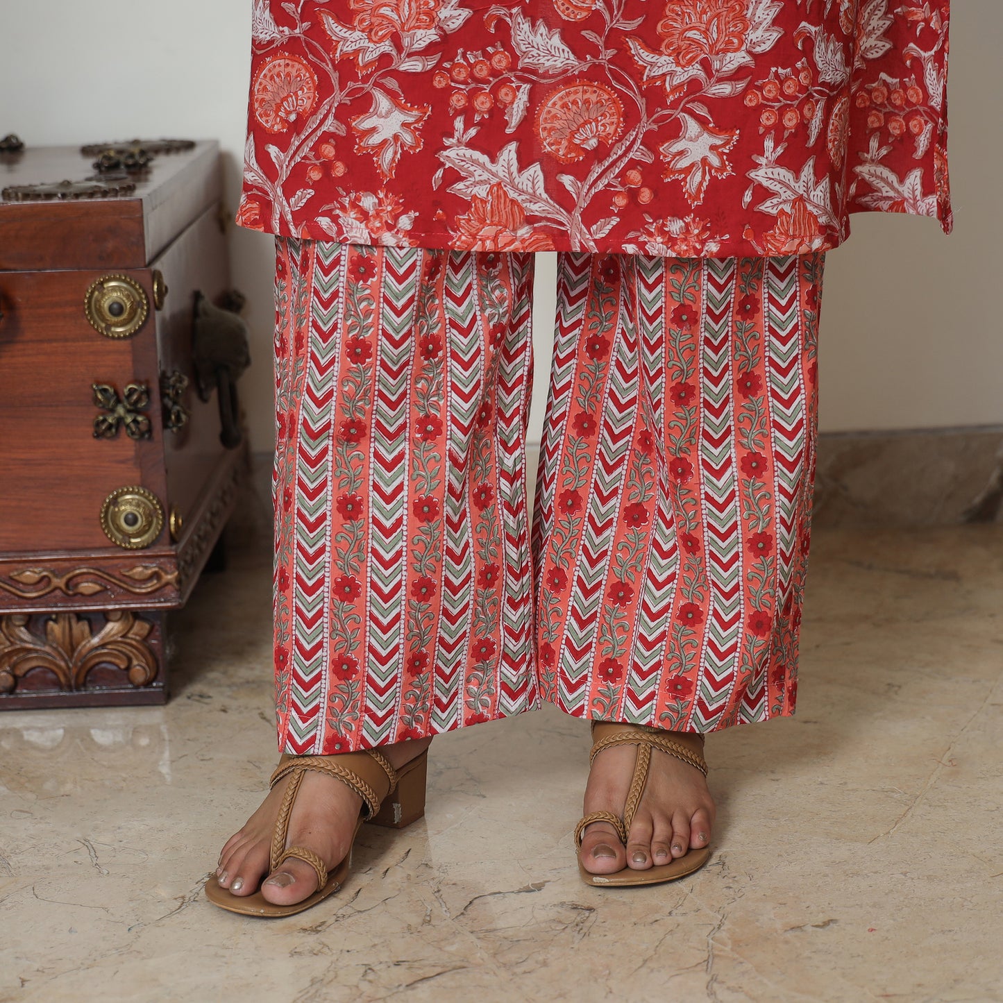 Red - Sanganeri Block Printed Cotton Kurta with Palazzo Set 12
