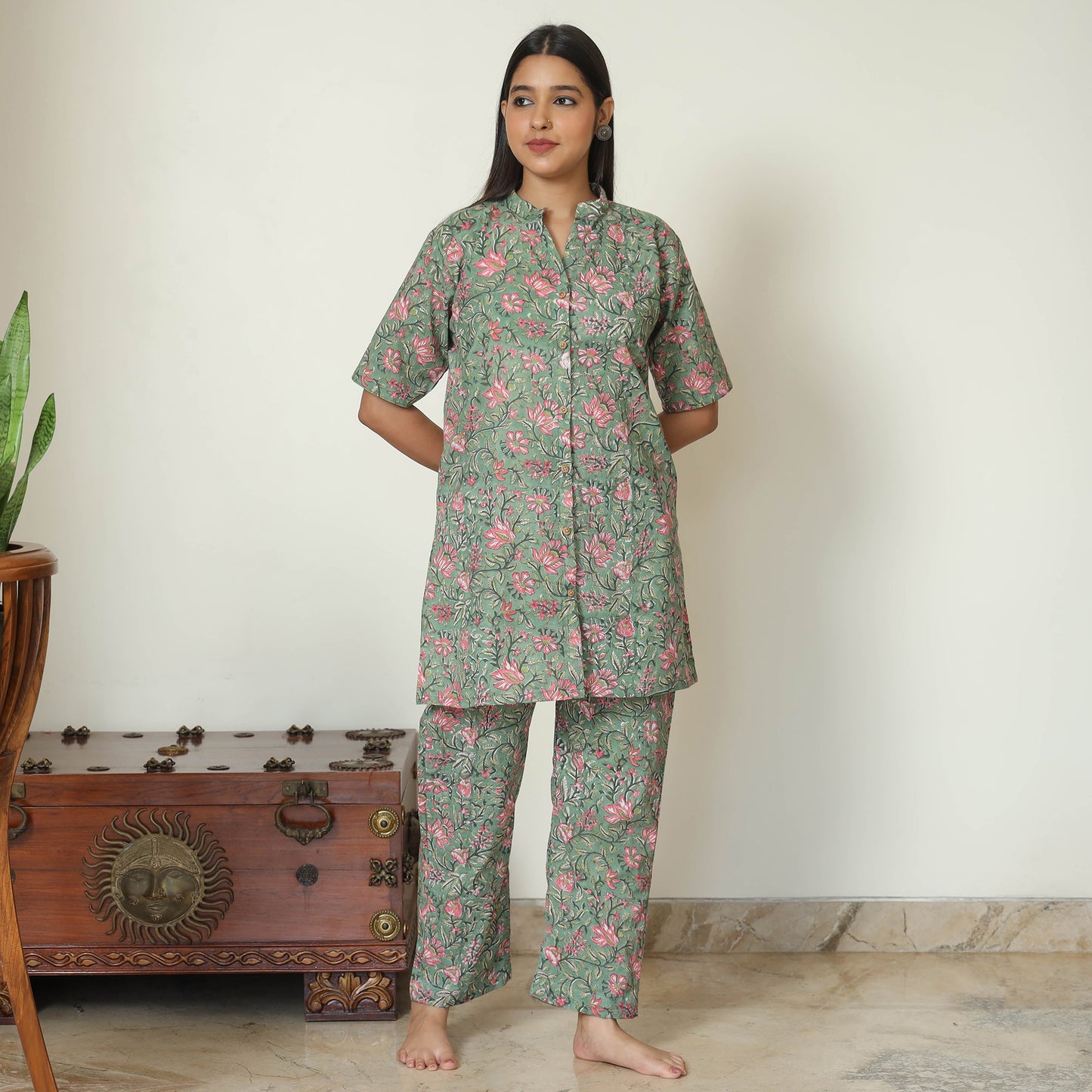 Green - Sanganeri Block Printed Cotton Night Suit Set 07