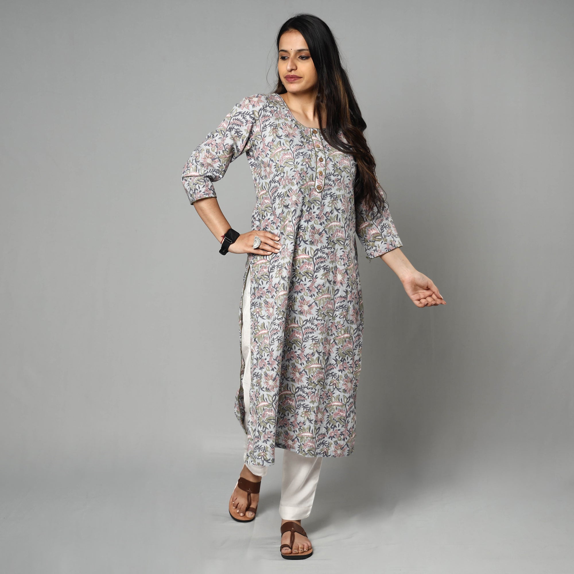 Green - Sanganeri Block Printed Cotton Long Kurta