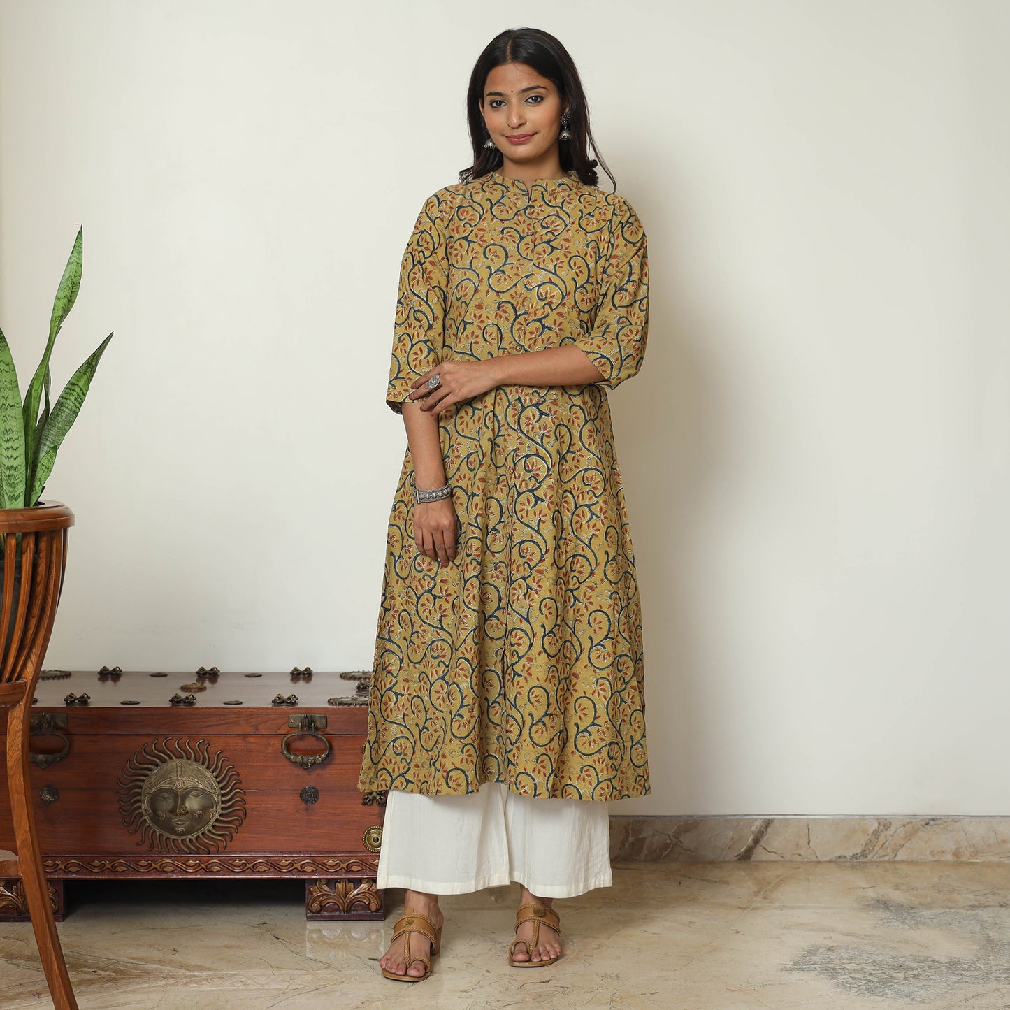 Yellow Block Print Cotton A-Line Kalamkari Kurta For Women