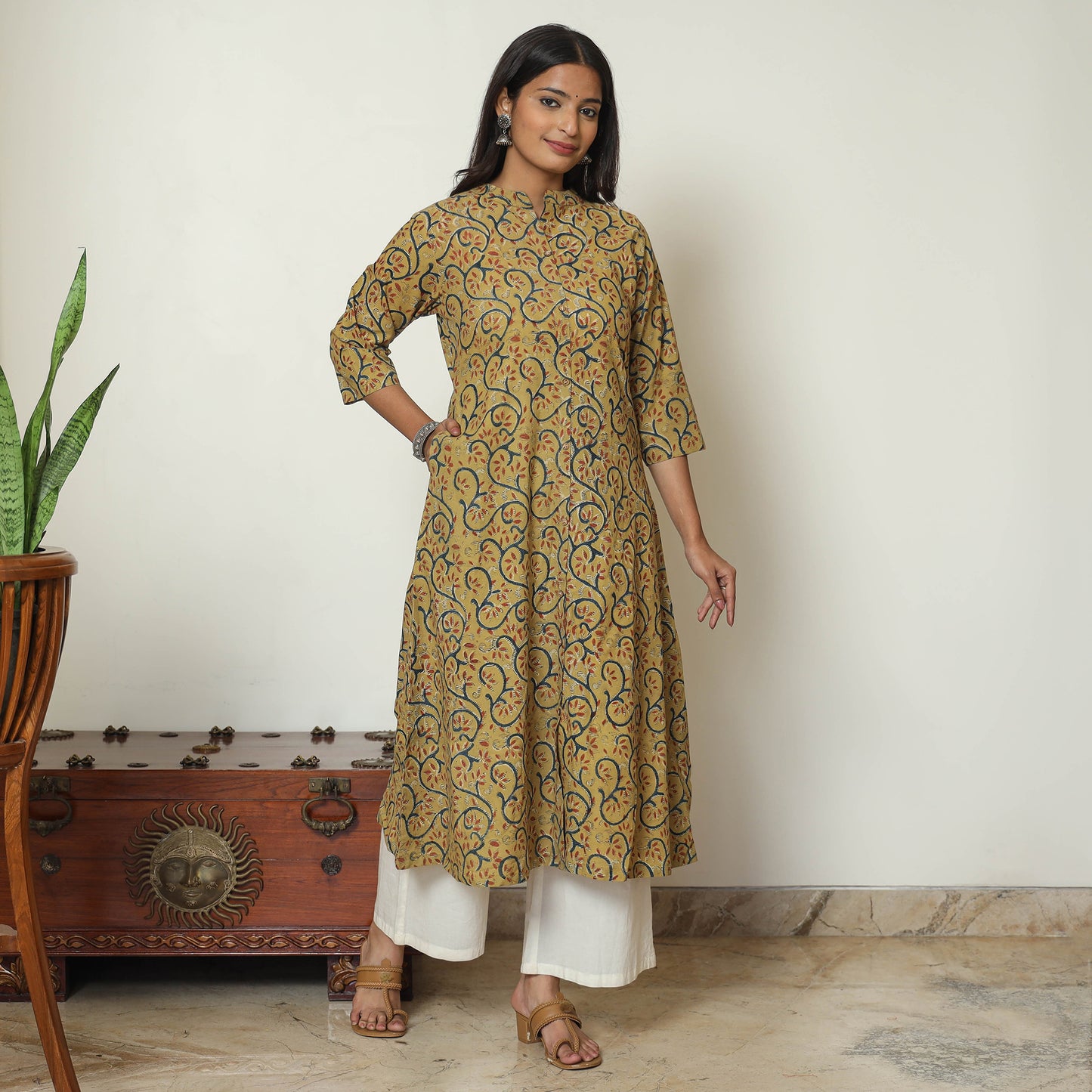 Yellow Block Print Cotton A-Line Kalamkari Kurta For Women