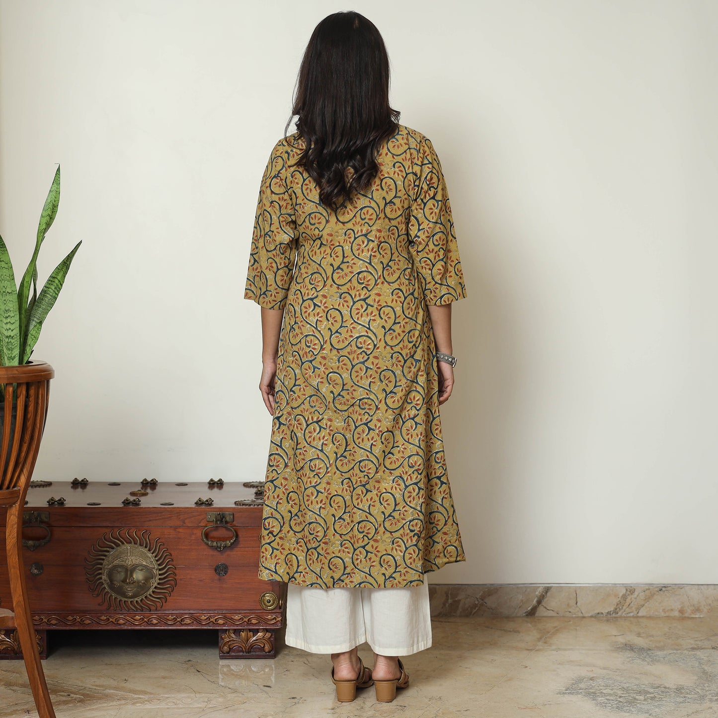 Yellow Block Print Cotton A-Line Kalamkari Kurta For Women