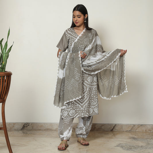 Bandhani Tie-Dye Cotton Kurta with Afghani Salwar & Dupatta Set 02